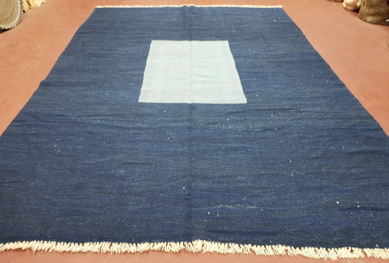 Large Blue Turkish Kilim Rug 7x10, Handmade, Wool by Jewel Rugs