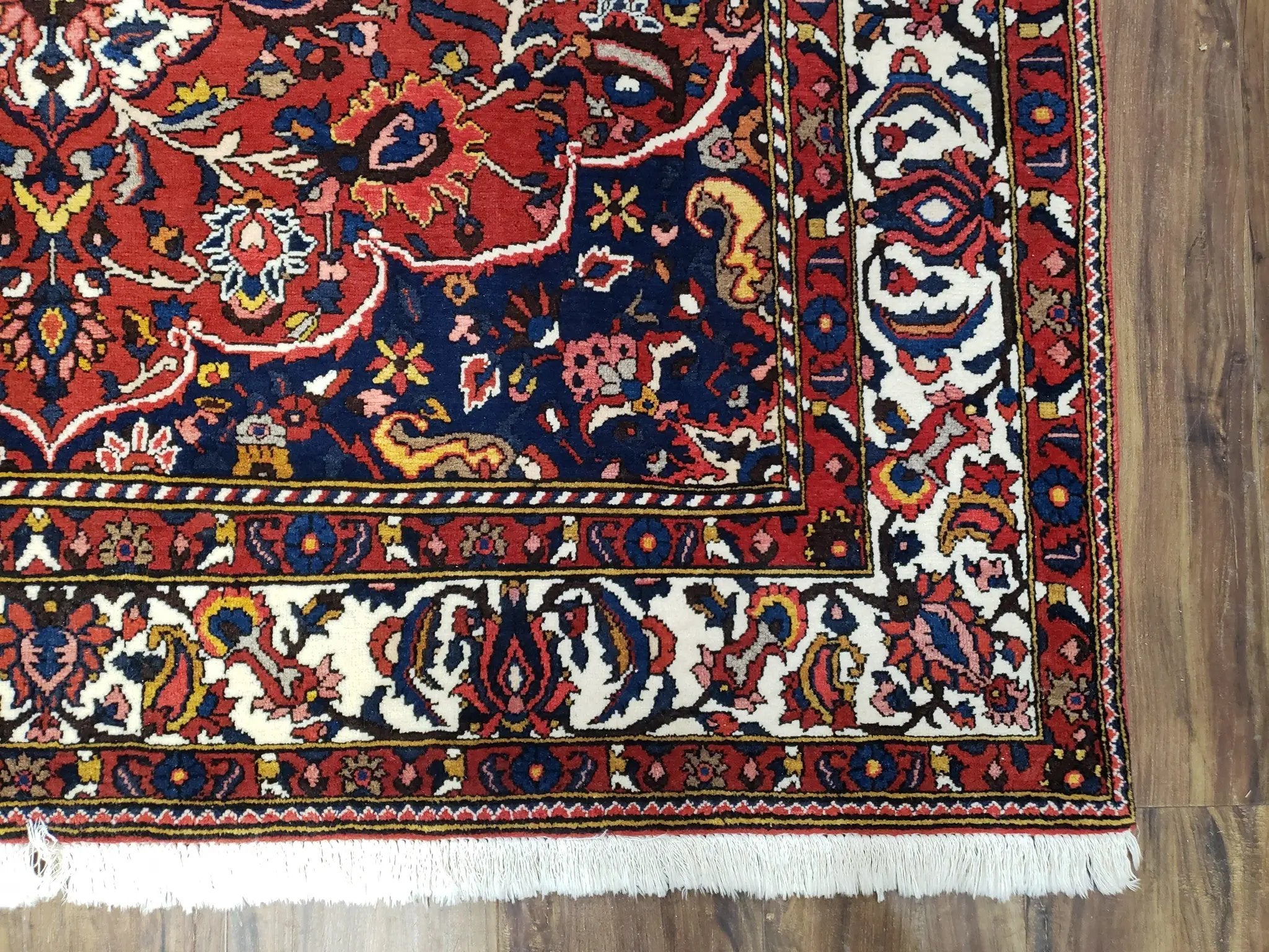 Semi Antique Persian Bakhtiari Rug, Hand-Knotted, Wool, Red, Midnight Blue, Ivory, Floral Medallion, 5'1" x 8' 6" by Jewel Rugs