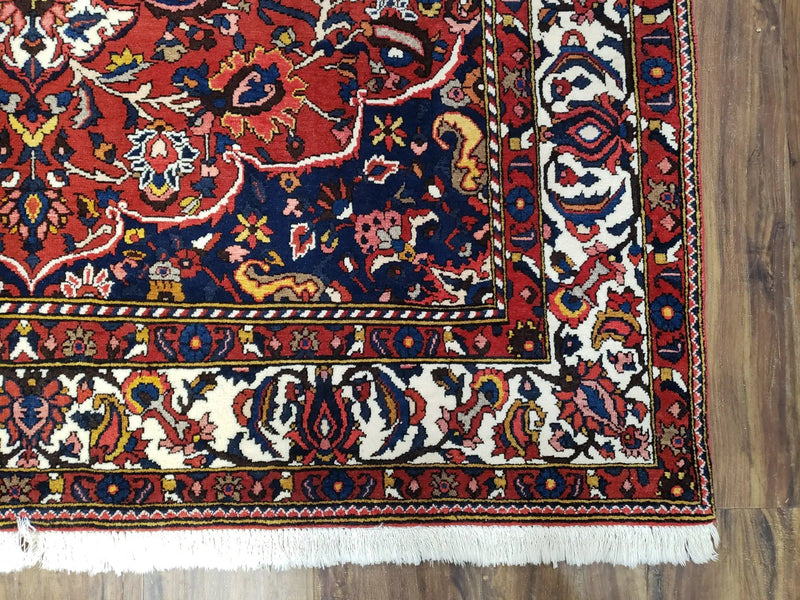 Semi Antique Persian Bakhtiari Rug, Hand-Knotted, Wool, Red, Midnight Blue, Ivory, Floral Medallion, 5'1" x 8' 6" by Jewel Rugs