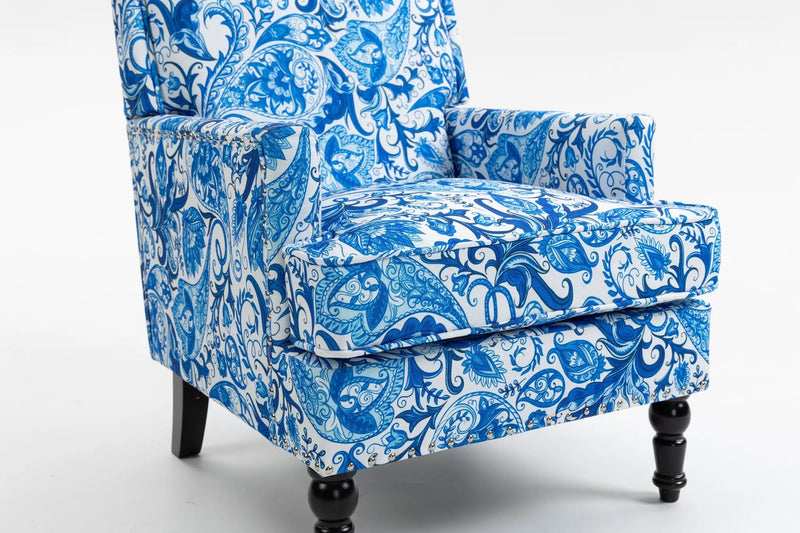 Upholstered Accent Chair with Blue and White Porcelain Print Linen Fabric by HouseOfZazla