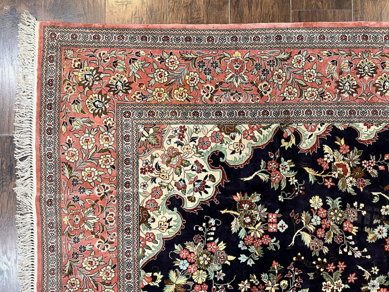 Stunning Silk Persian Qum Rug 7x9, Finely Hand Knotted Navy Blue & Salmon Floral Medallion Authentic Oriental Carpet, Vintage Handmade Silk Ghom Rug, Silk on Silk by Jewel Rugs