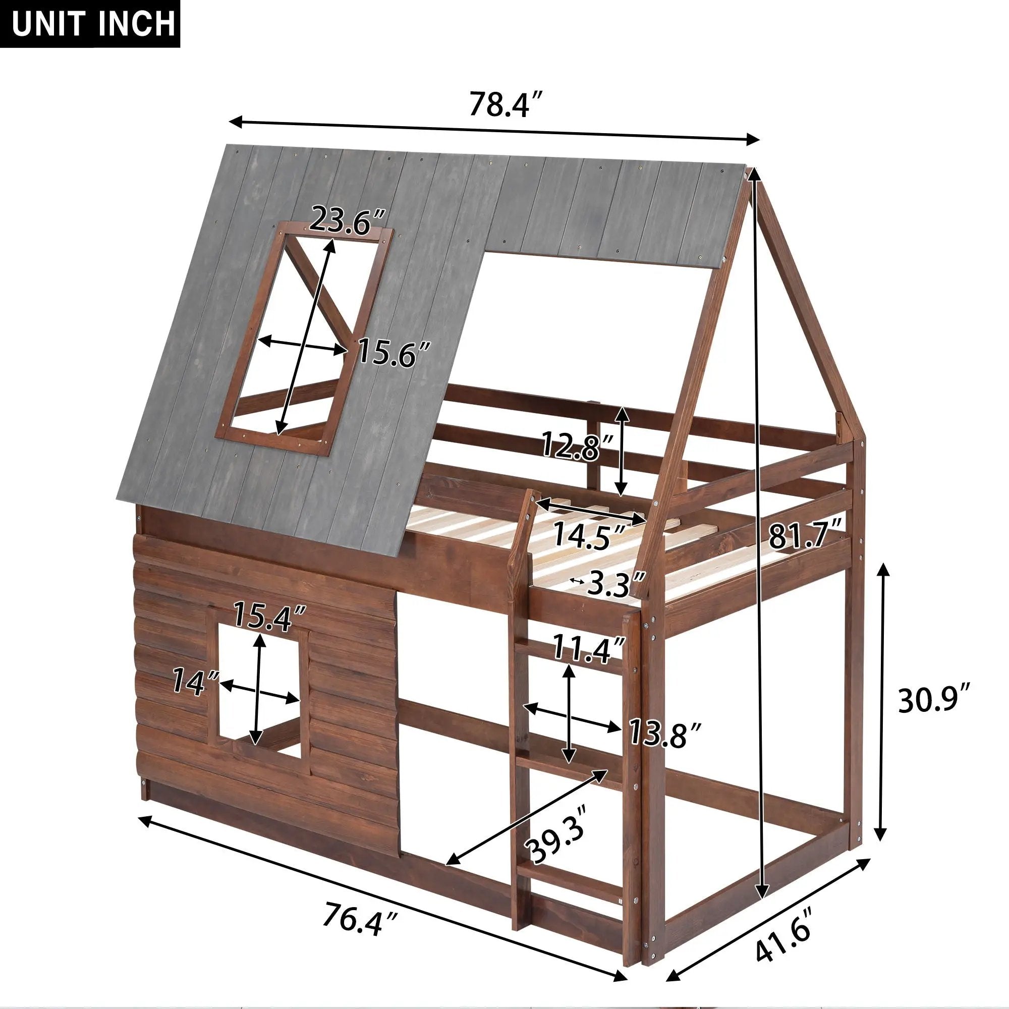 Wood Twin Size House Bunk Bed With Roof, Ladder And 2 Windows - Oak & Smoky Gray by HouseOfZazla