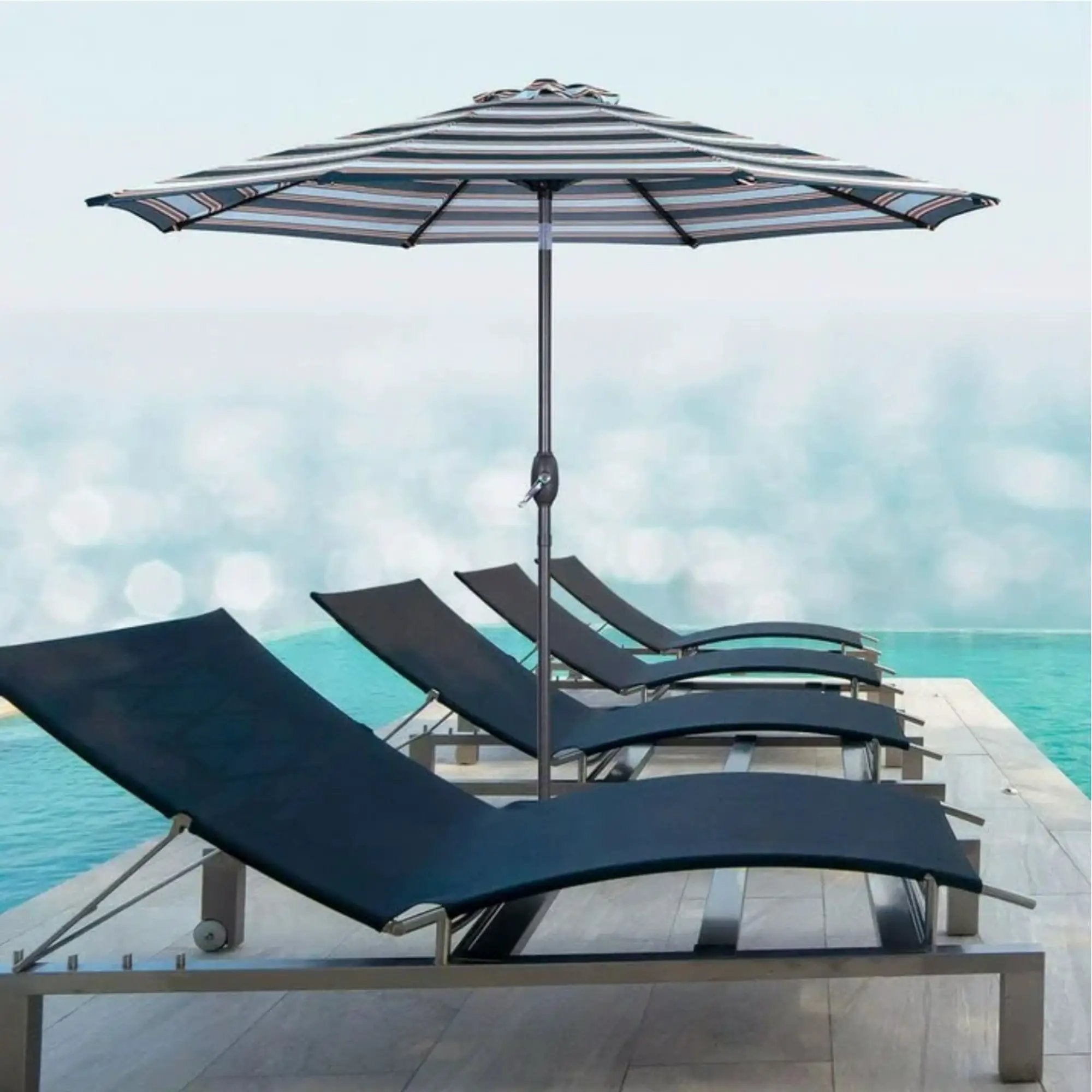 Patio Umbrella With Crank Lift & Push Button Tilt Frame, 200G / Sqm Solution Dyed Canopy - Blue Multi / Brown by HouseOfZazla