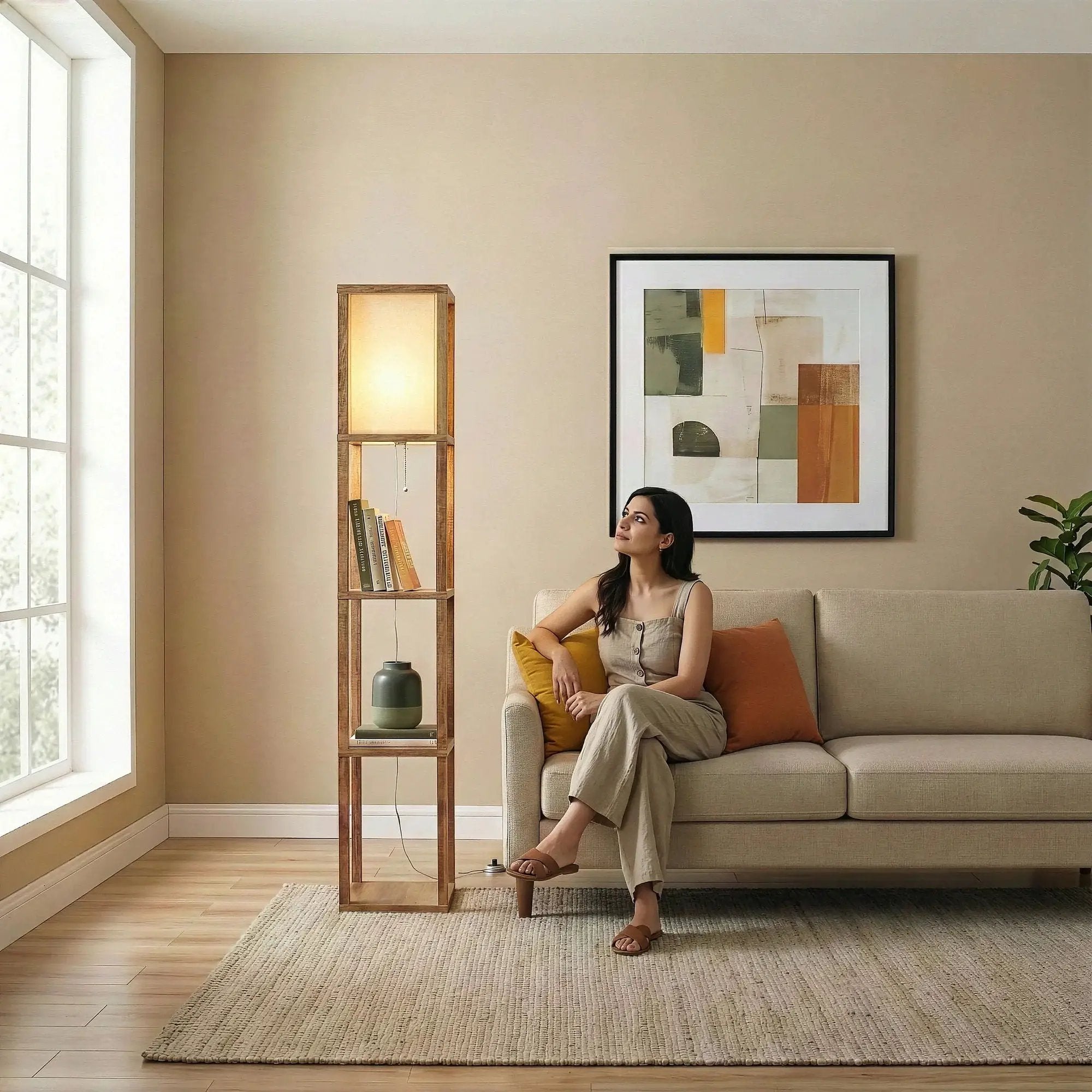 Pinnacle - Shelf Floor Lamp For Bedroom / Living Room, Long Shade - Natural Wood / White by Unique Piece Furniture