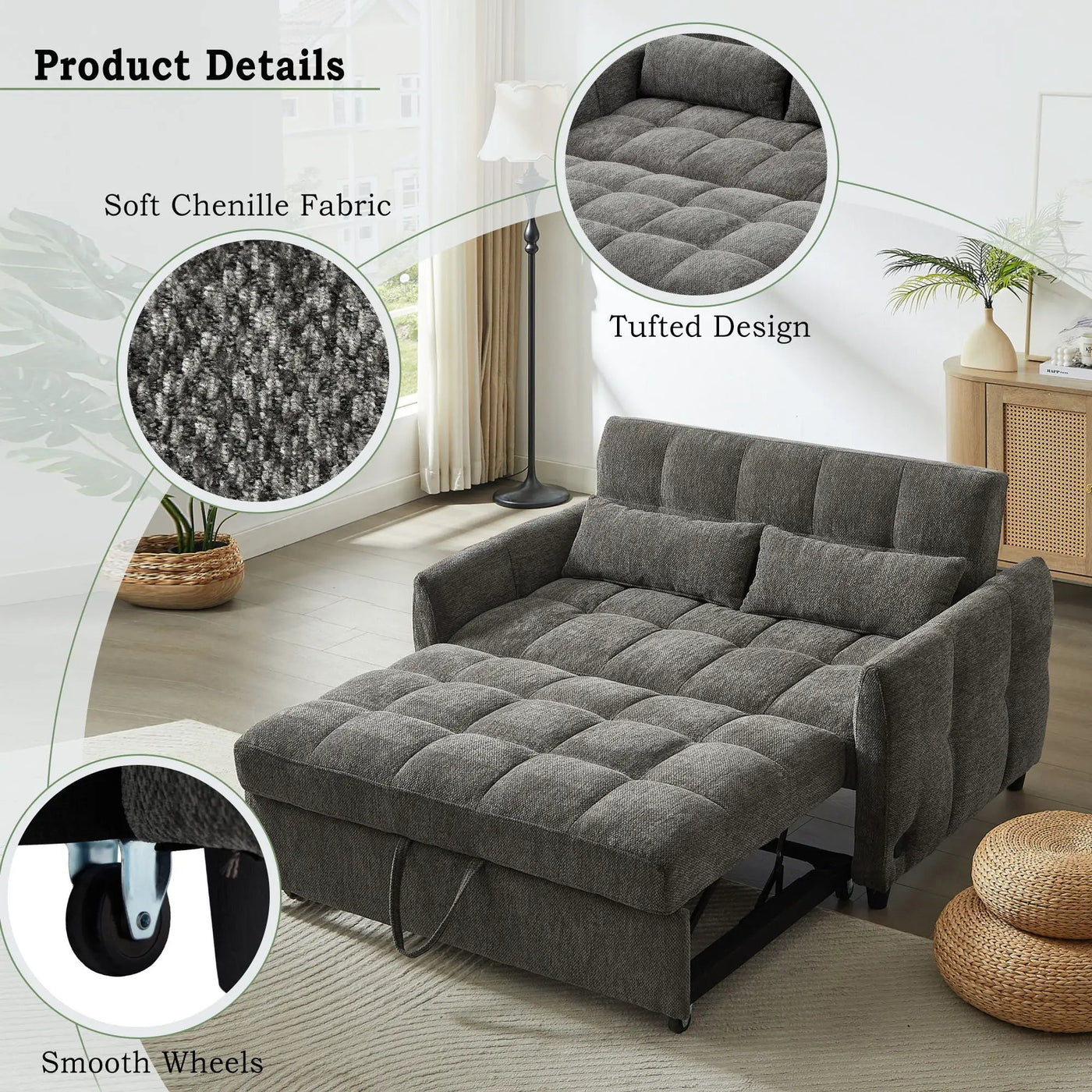 Loveseat Sofa Pull-Out Bed With Adjustable Backrest, 3 USB Ports And 2 Lumbar Pillows For Living Room by Unique Piece Furniture
