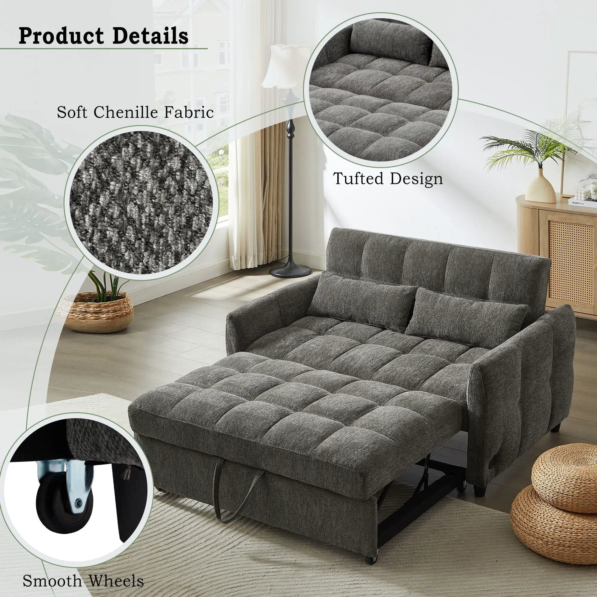 Loveseat Sofa Pull-Out Bed With Adjustable Backrest, 3 USB Ports And 2 Lumbar Pillows For Living Room by Unique Piece Furniture