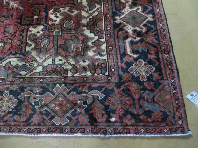 Persian Rug 8x11 Room Sized Heriz Carpet, Hand Knotted Wool Rug, Vintage Semi Antique, Geometric Medallion, Wine Red Cream Dark Blue, Wow by Jewel Rugs