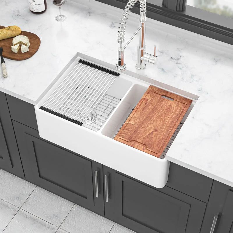 Double Bowl Sink Workstation 33" With Built In Work Surface And Accessories - White by HouseOfZazla