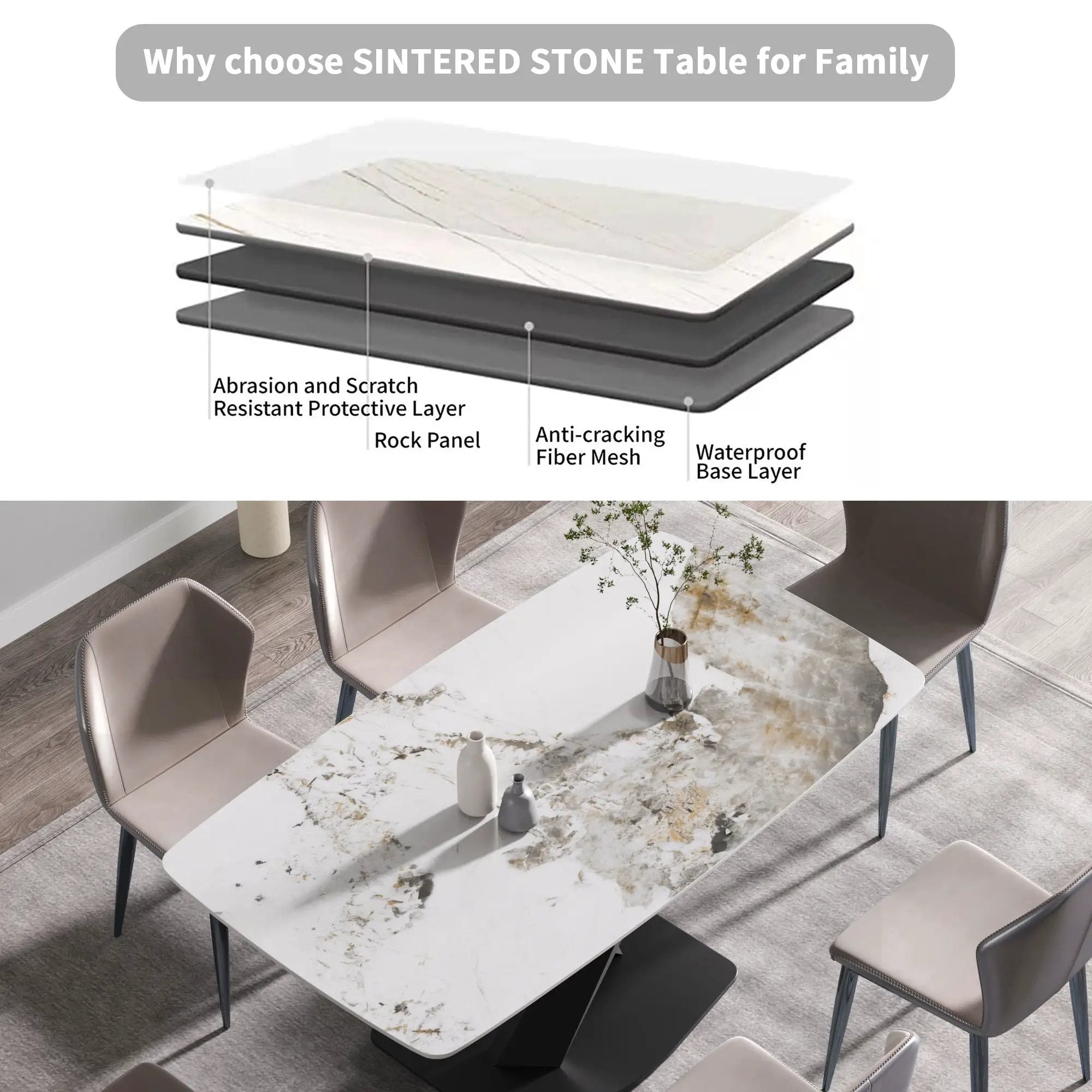 Modern Artificial Stone Pandora White Curved Metal Leg Dining Table, Can Accommodate 6-8 People - Antique White by HouseOfZazla