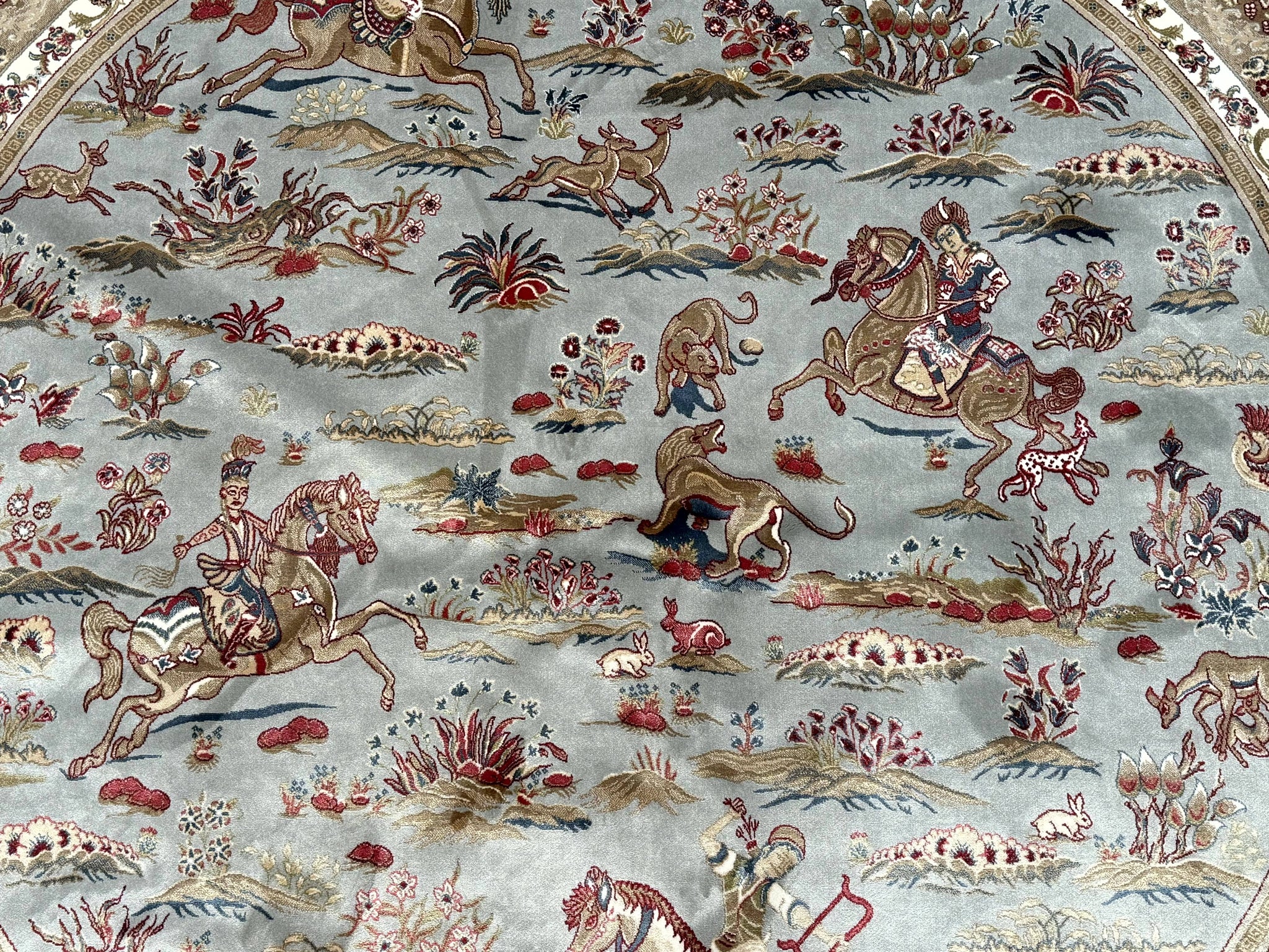 Round Silk Rug 6x6, Hunting Design, Bamboo Silk, Animal Pictorials by Jewel Rugs