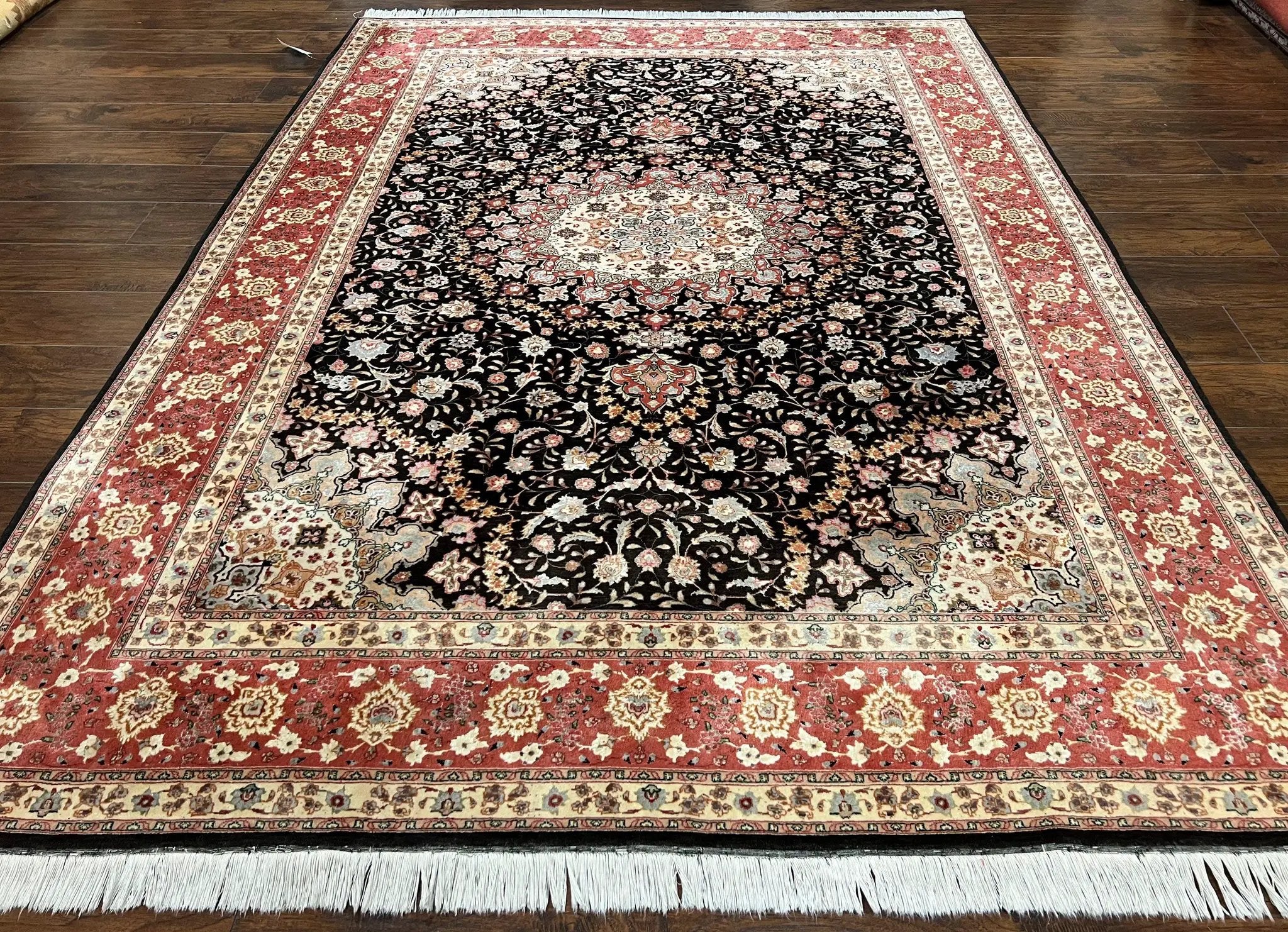 Marvelous Persian Tabriz Rug 7x10 ft, Super Fine 50 Raj, 300+ KPSI, Black and Rust Red, Floral Medallion Handmade Wool Oriental Carpet, Top Quality by Jewel Rugs