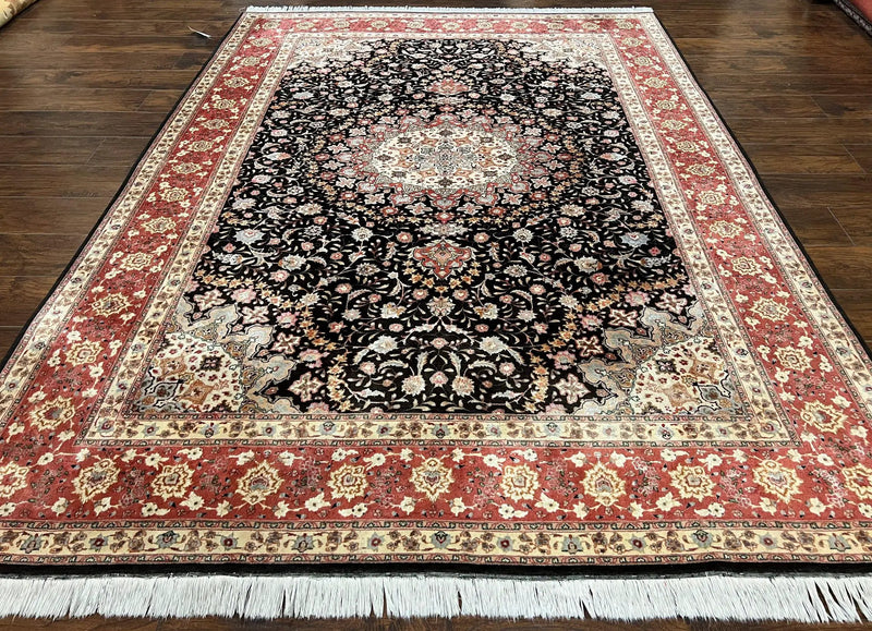Marvelous Persian Tabriz Rug 7x10 ft, Super Fine 50 Raj, 300+ KPSI, Black and Rust Red, Floral Medallion Handmade Wool Oriental Carpet, Top Quality by Jewel Rugs