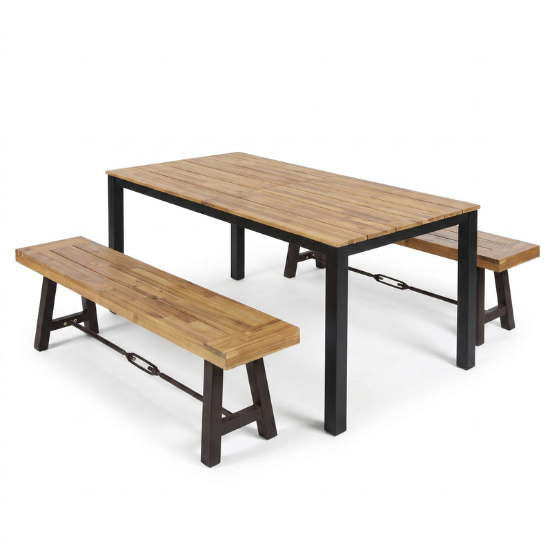 3-Piece Outdoor Acacia Wood Dining Set, 71" Rectangular Patio Table & 2 Benches by HouseOfZazla