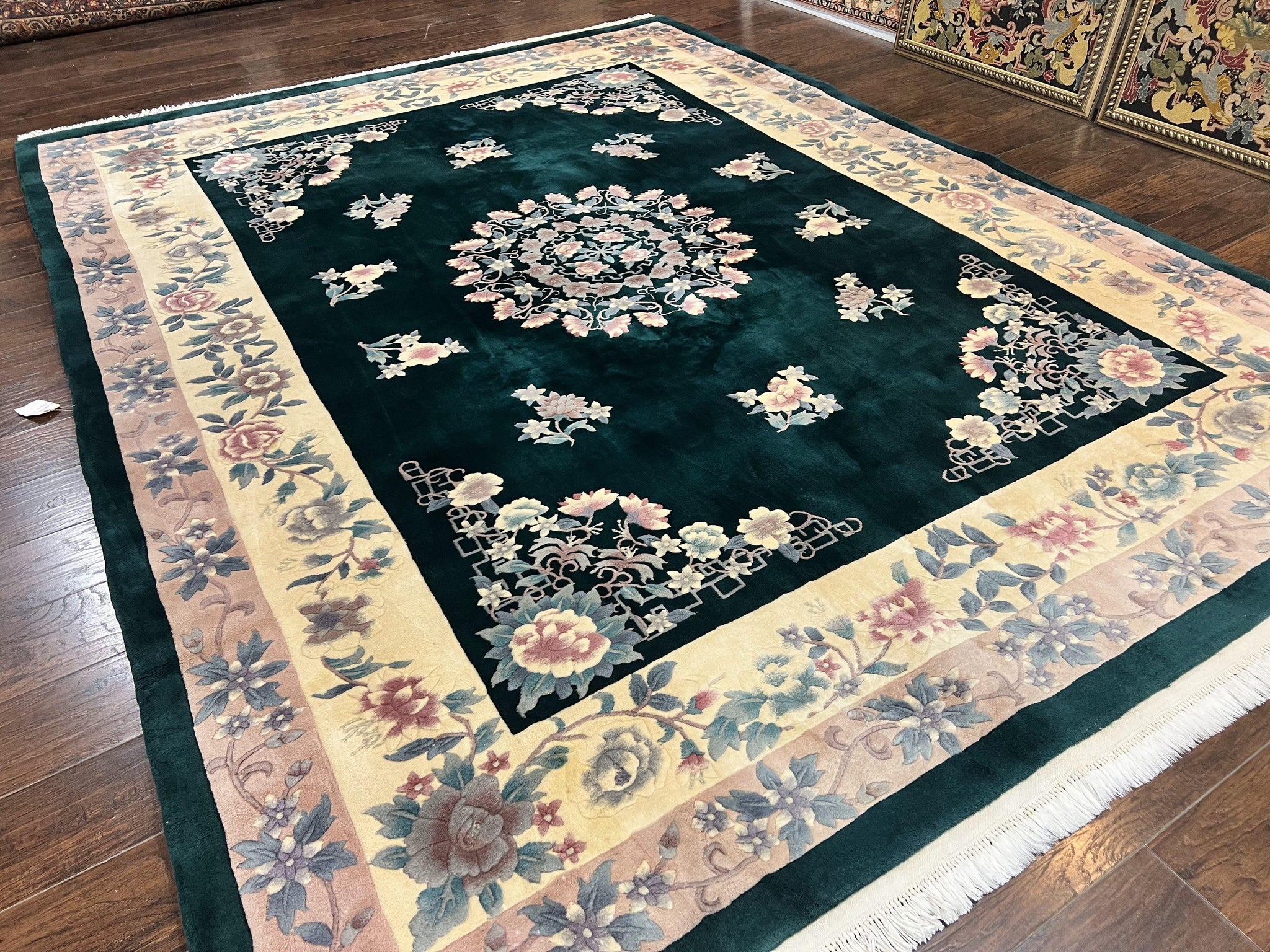Chinese Art Deco Rug 9x12, Wool Hand Knotted Vintage Carpet, Dark Green & Cream, 90 Line Carving Rug by Jewel Rugs