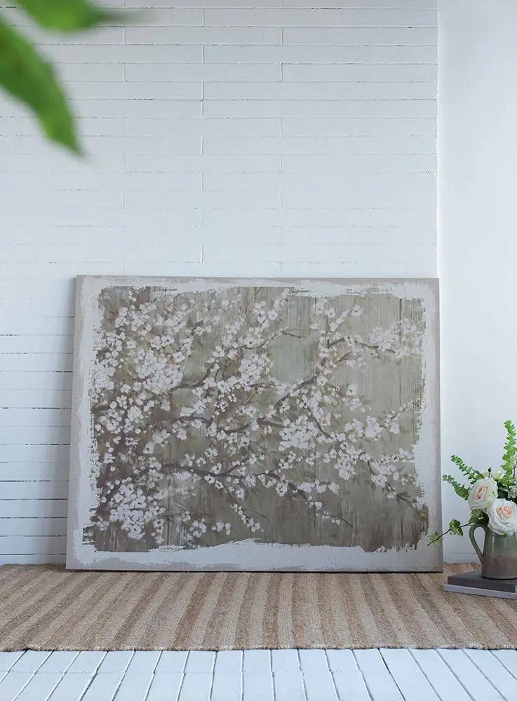 Large Cherry Blossom Canvas Art Print, Home Decor Accent Piece - Gray / White Matte by Unique Piece Furniture