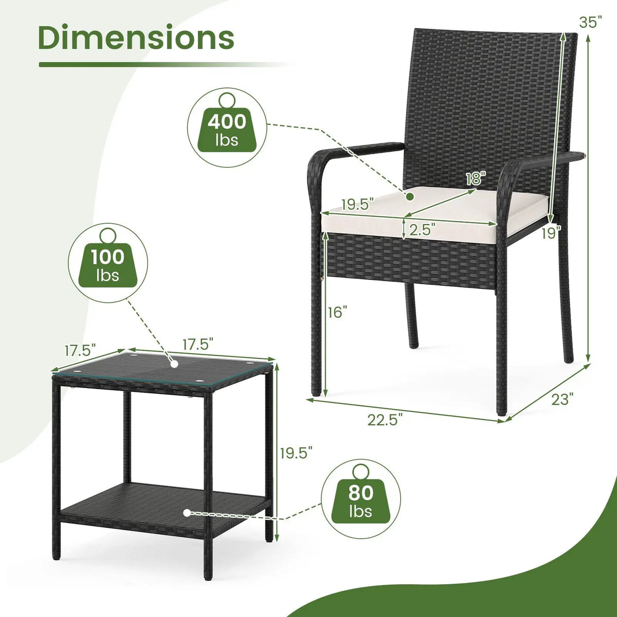3 Piece Patio Furniture Set with Seat Cushions and Tempered Glass Tabletop, photo 15 of 24