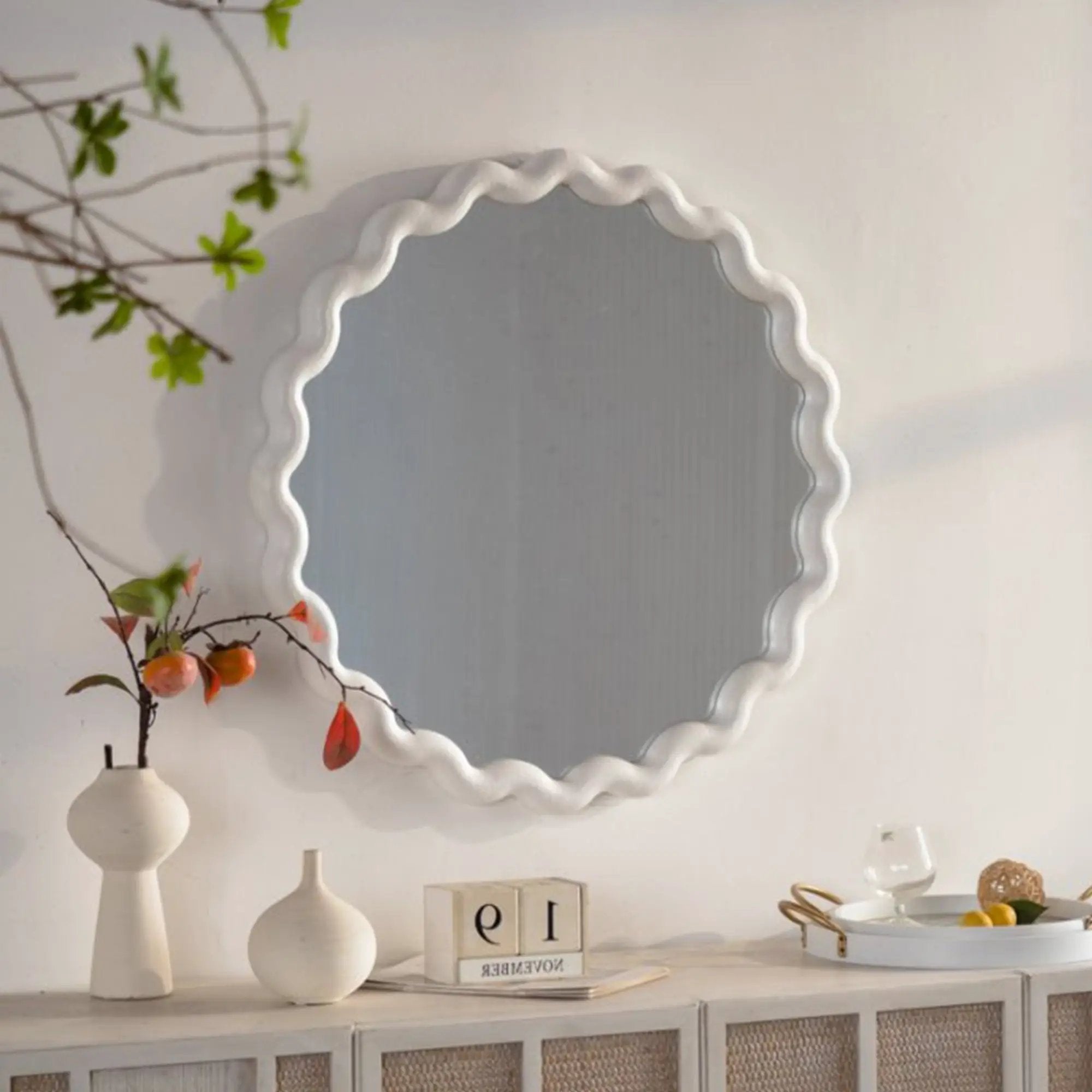 White Scalloped Round Wall Mirror by HouseOfZazla