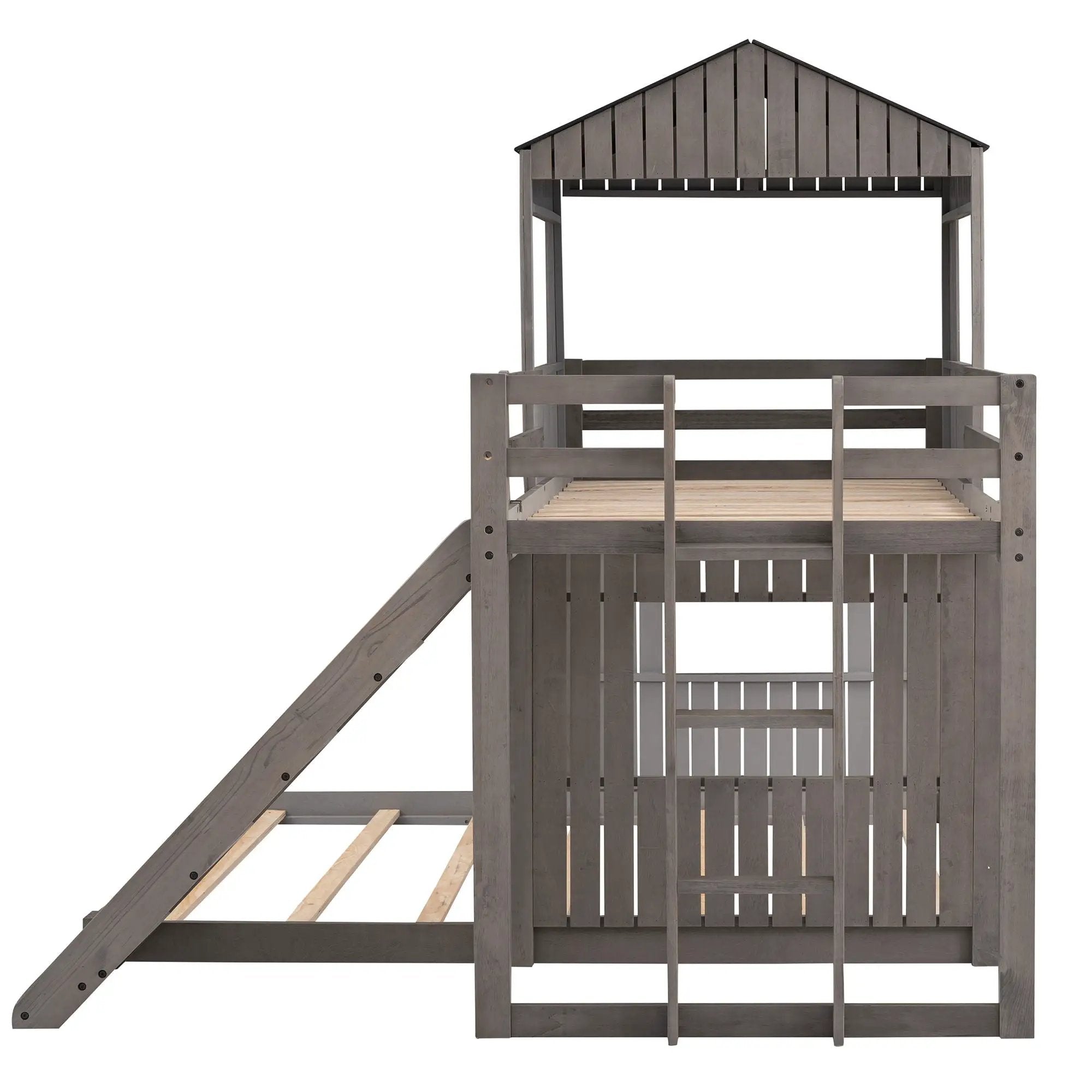 Loft Bunk Bed With Playhouse, Farmhouse, Ladder, Slide And Guardrails by HouseOfZazla