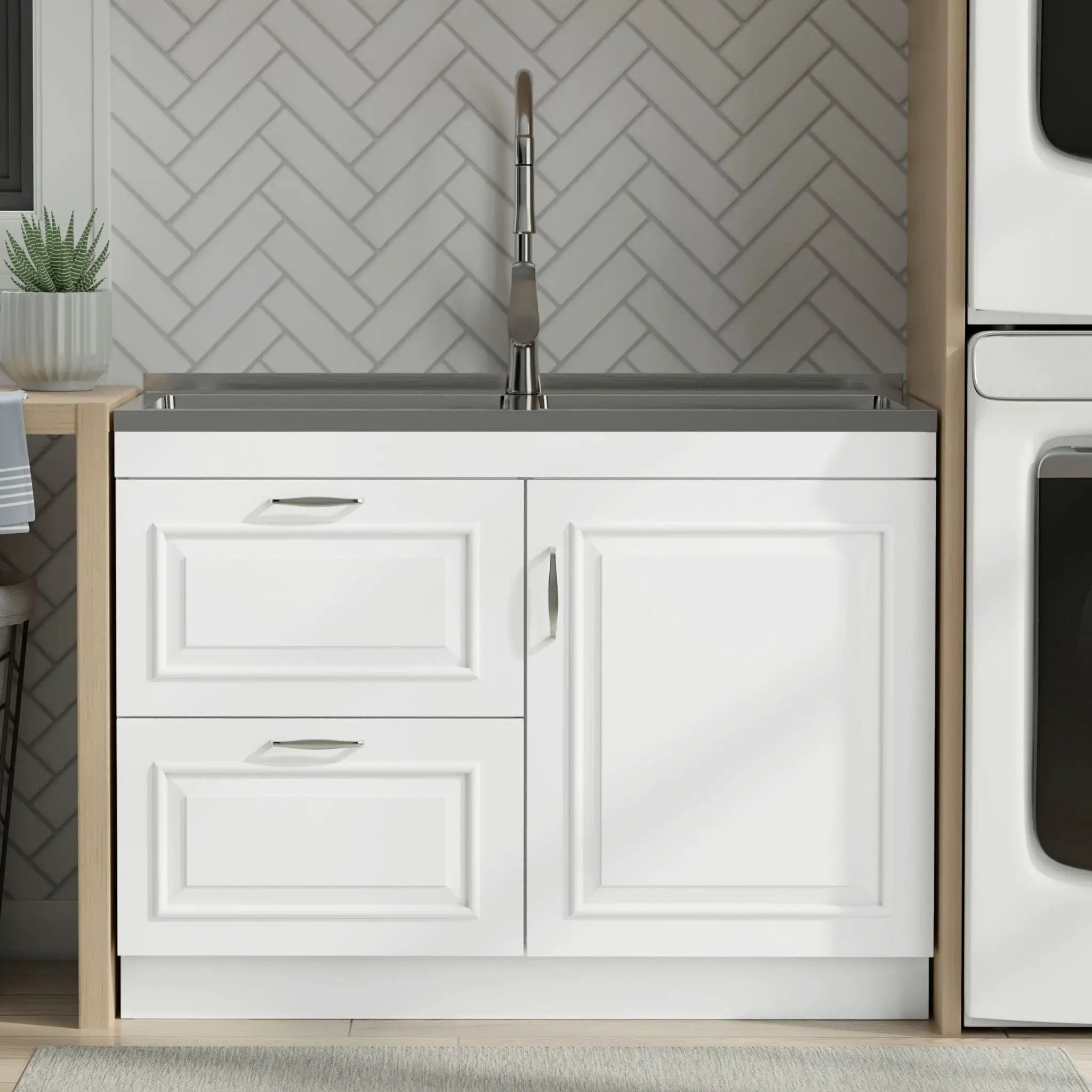 Darwin - Laundry Utility Sink And Cabinet With Dual Sinks, Pull Out Faucet - White by HouseOfZazla