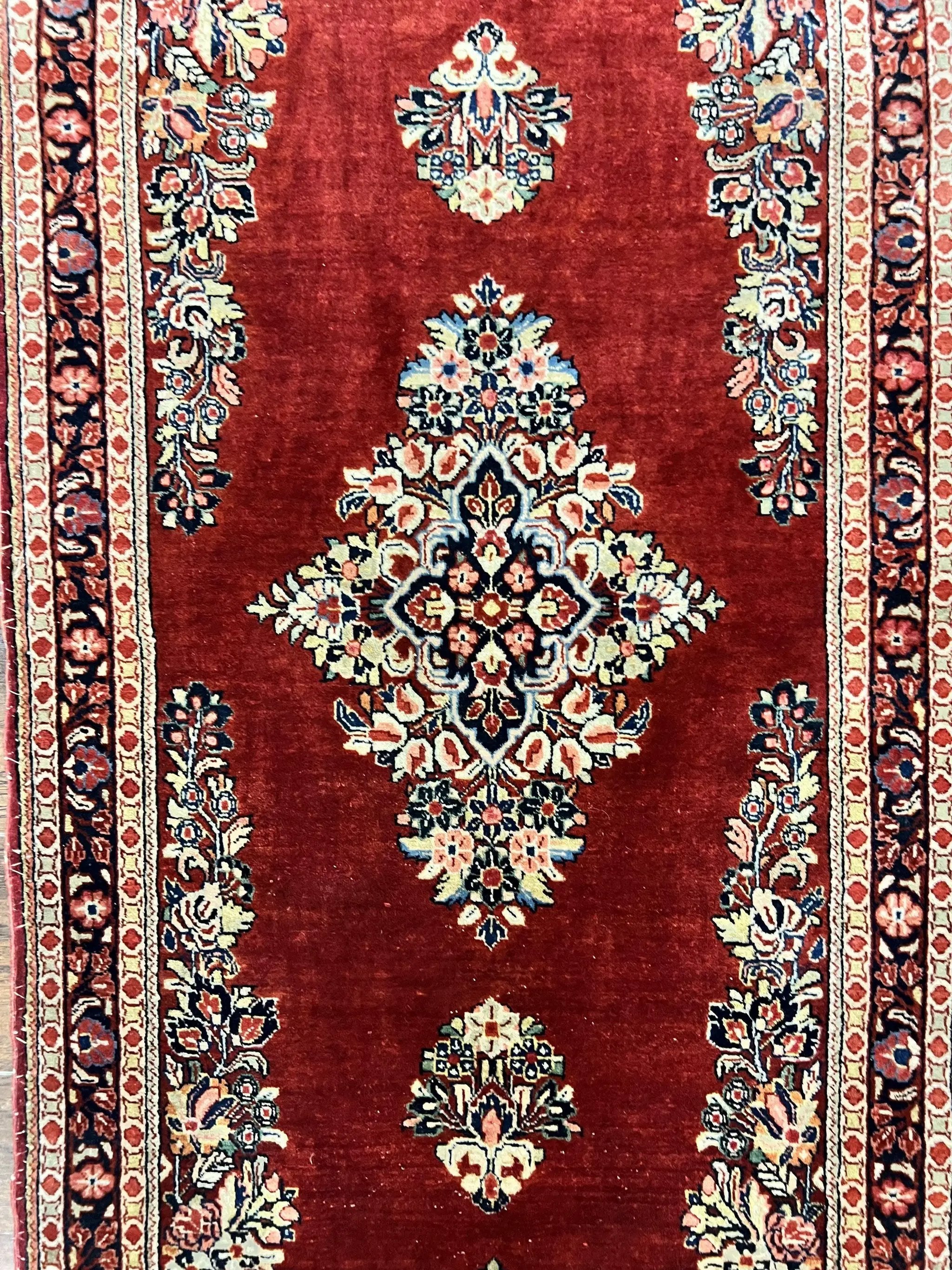 Persian Sarouk Runner Rug 2.7 x 6, Semi Open Field, Red, Handmade Hand Knotted, Wool Oriental Carpet, Vintage Semi Antique by Jewel Rugs