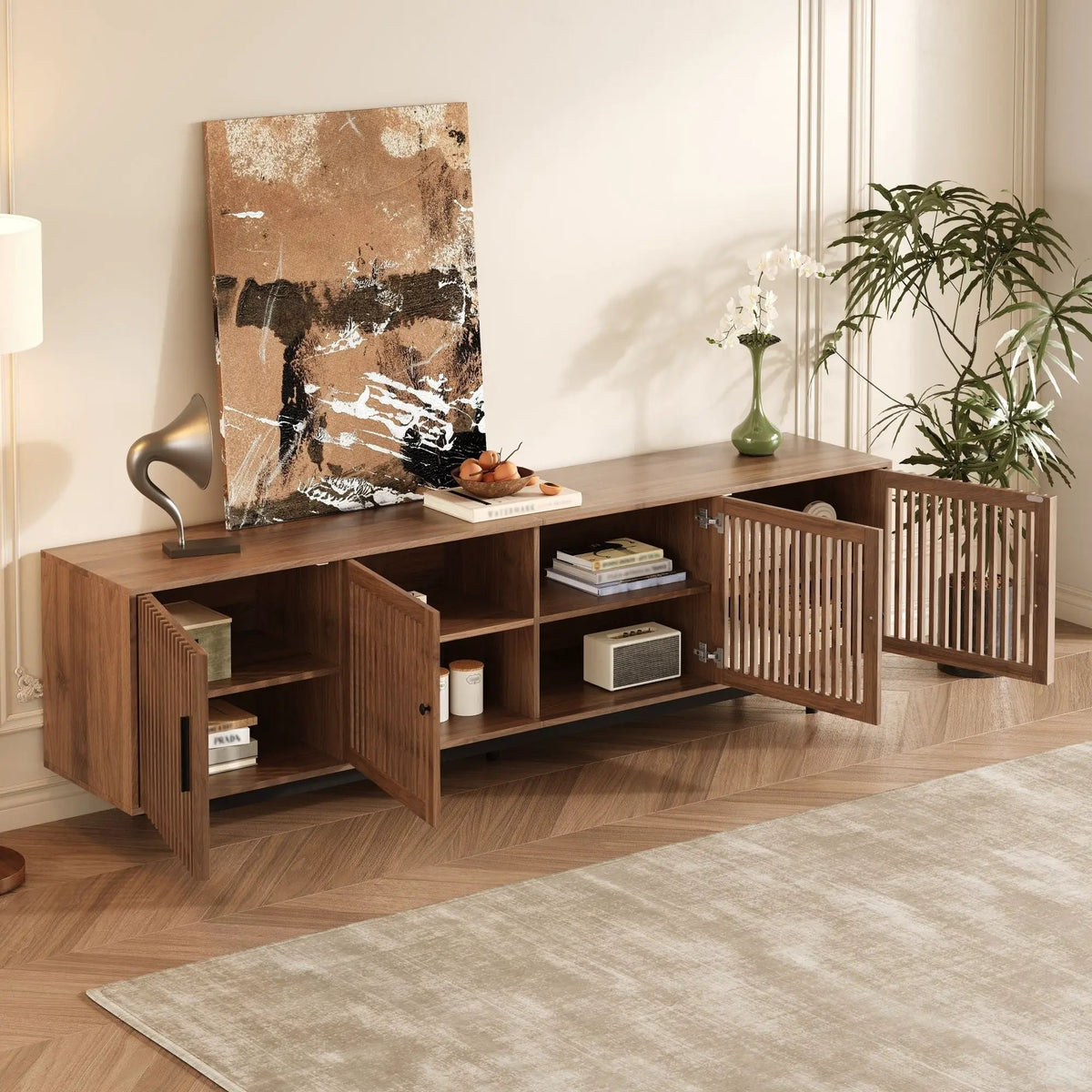 TV Stand For TVs, Entertainment Center With Closed Storage & Cable Management, Soft Closing Hinges - Walnut by Unique Piece Furniture