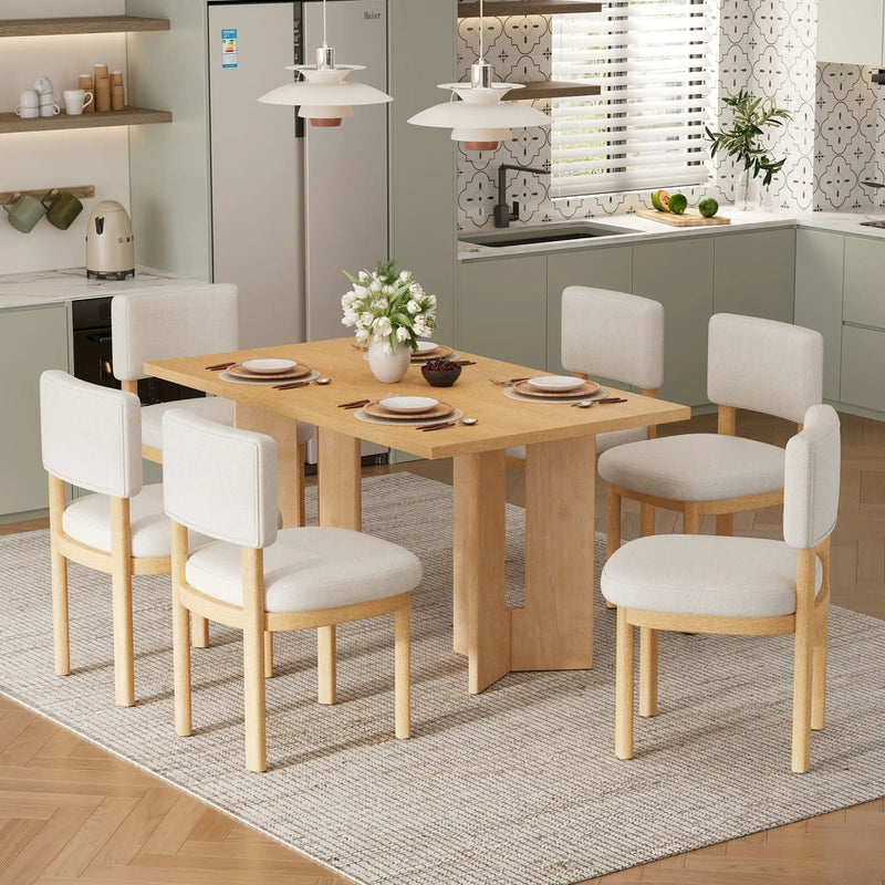 Dining Table Set With 6 Upholstered Chairs, Rectangular Table With Cutout Legs by Unique Piece Furniture