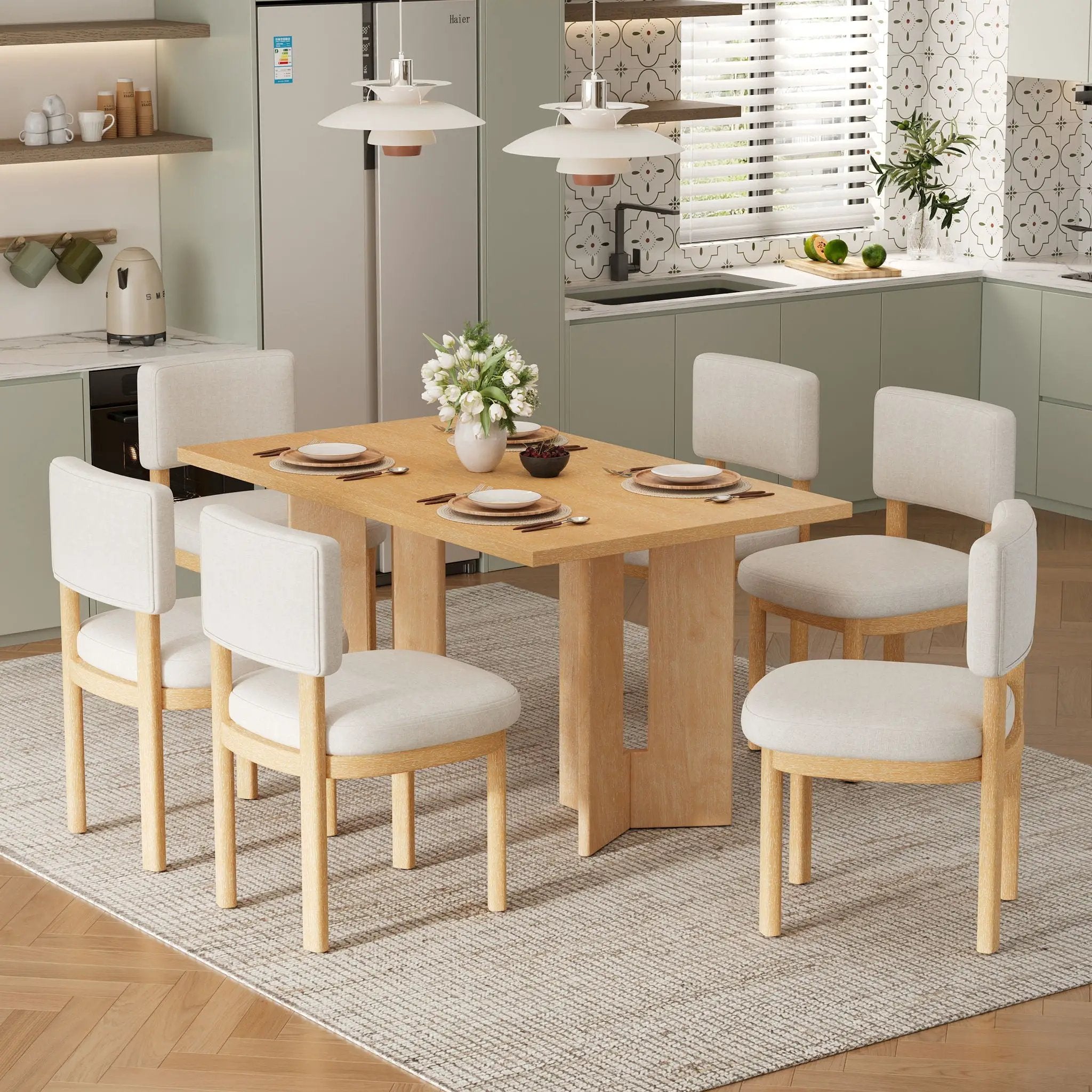 Dining Table Set With 6 Upholstered Chairs, Rectangular Table With Cutout Legs by HouseOfZazla