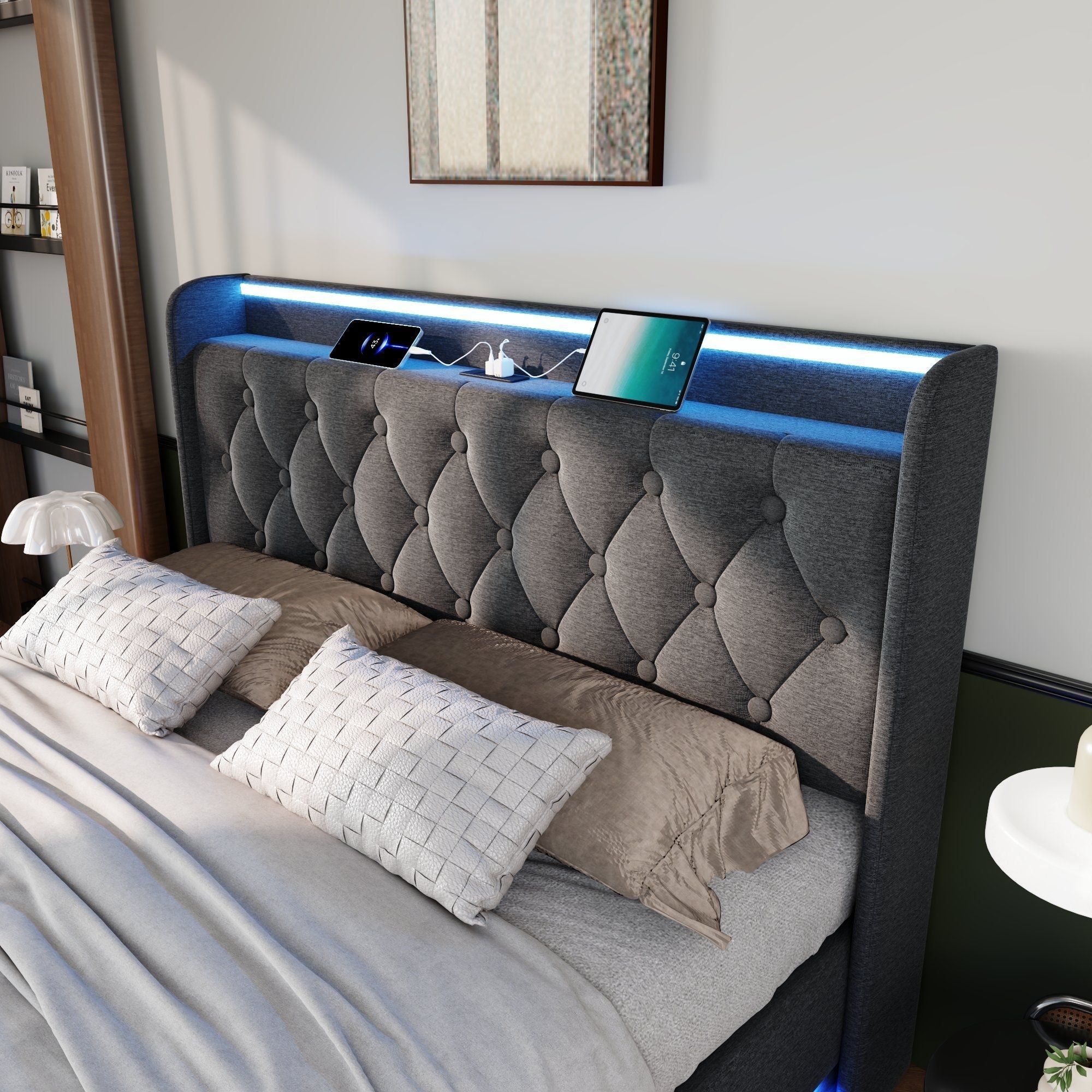 Upholstered Bed, 360 Surround LED Function, Remote Control, Hydraulic Storage Bed With USB, Type-C Charging (Without Mattress) by HouseOfZazla