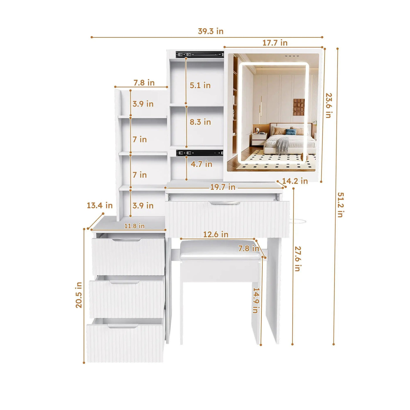 Modern Vanity Desk With 3 LED Lighting Modes, 4 Drawers by Unique Piece Furniture