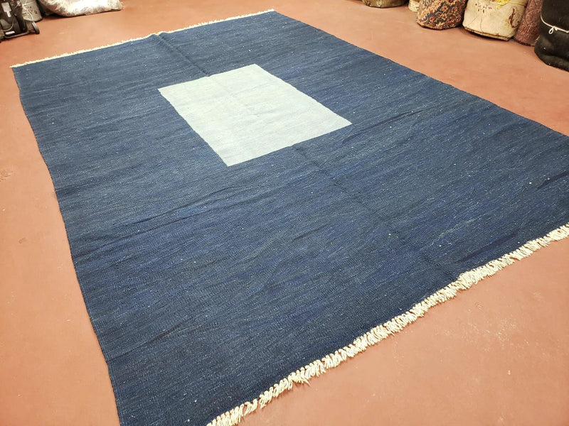 Large Blue Turkish Kilim Rug 7x10, Handmade, Wool by Jewel Rugs