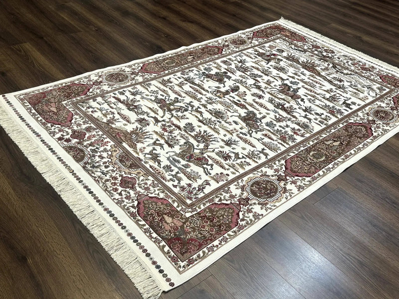Turkish Silk Rug 5x8, Ivory, Hunting Design, Animal Pictorials, Bamboo Silk by Jewel Rugs