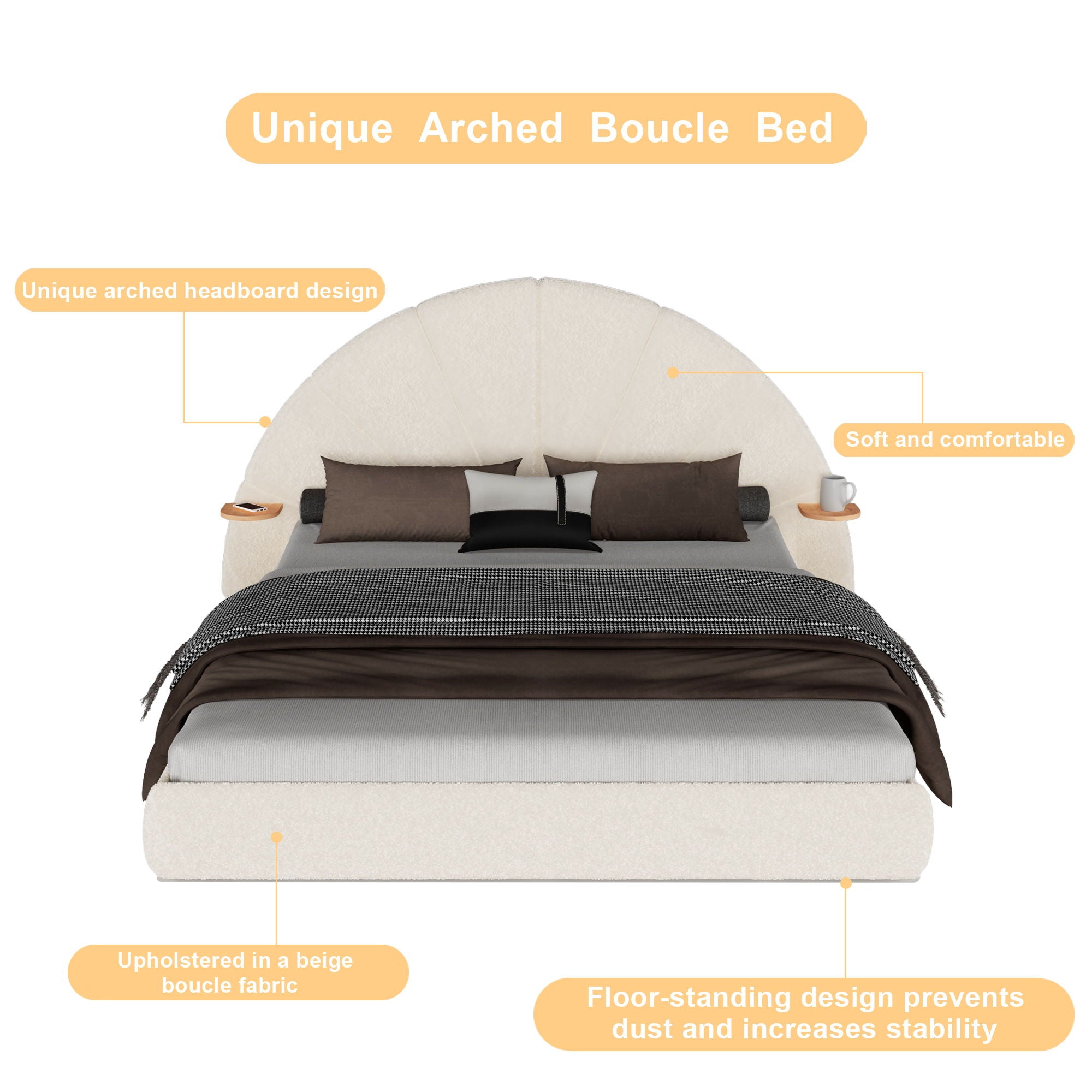 Queen Arched Bed With Small Table, Floor Standing Design - Beige by HouseOfZazla