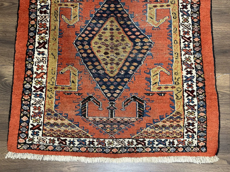 Rare Persian Tribal Runner Rug 3 x 11, Sarab Serab Persian Runner, Antique 1920s Collectible Geometric Medallions Oriental Wool Runner, Hand Knotted, Bright Orange-Red by Jewel Rugs