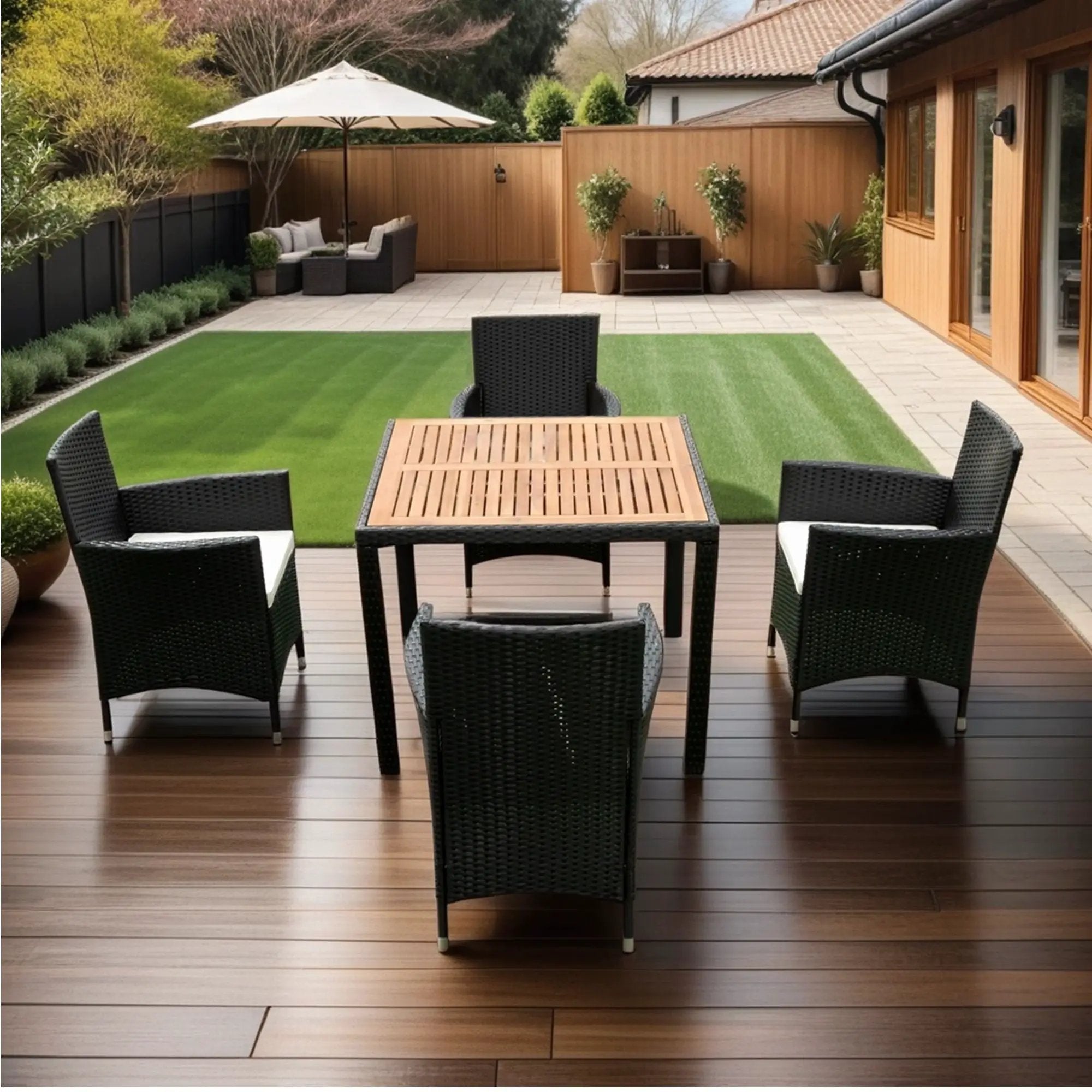 Outdoor Patio Wicker Dining Set With Acacia Wood Top by Unique Piece Furniture