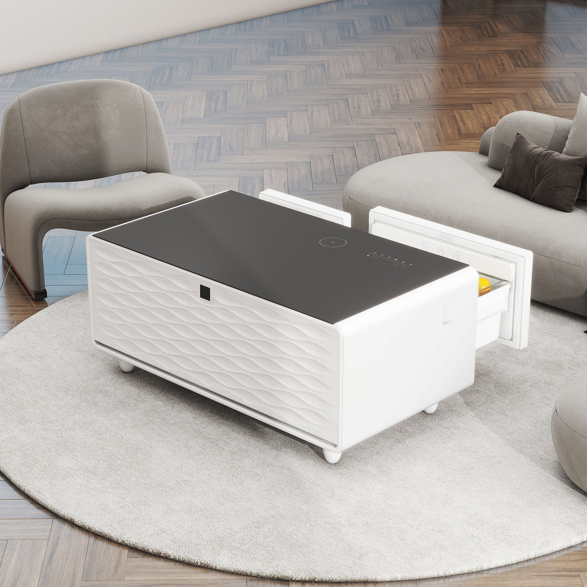 Modern Smart Coffee Table With Built-In Fridge - tooth Speaker, Wireless Charging, Touch Control Panel, USB Interface, Outlet Protection, Atmosphere Light, photo 9 of 14
