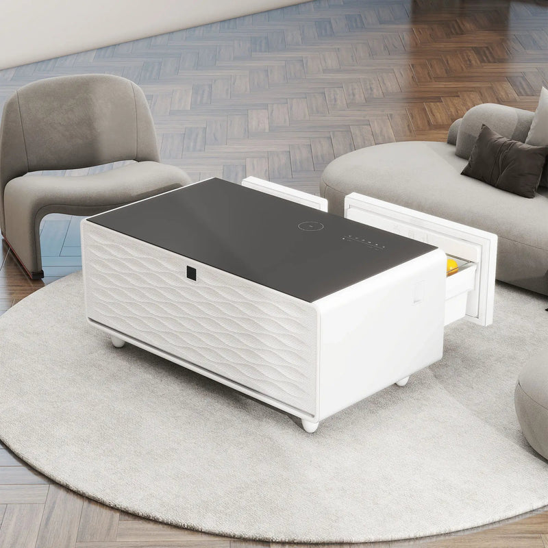Modern Smart Coffee Table With Built-In Fridge - tooth Speaker, Wireless Charging, Touch Control Panel, USB Interface, Outlet Protection, Atmosphere Light by Unique Piece Furniture