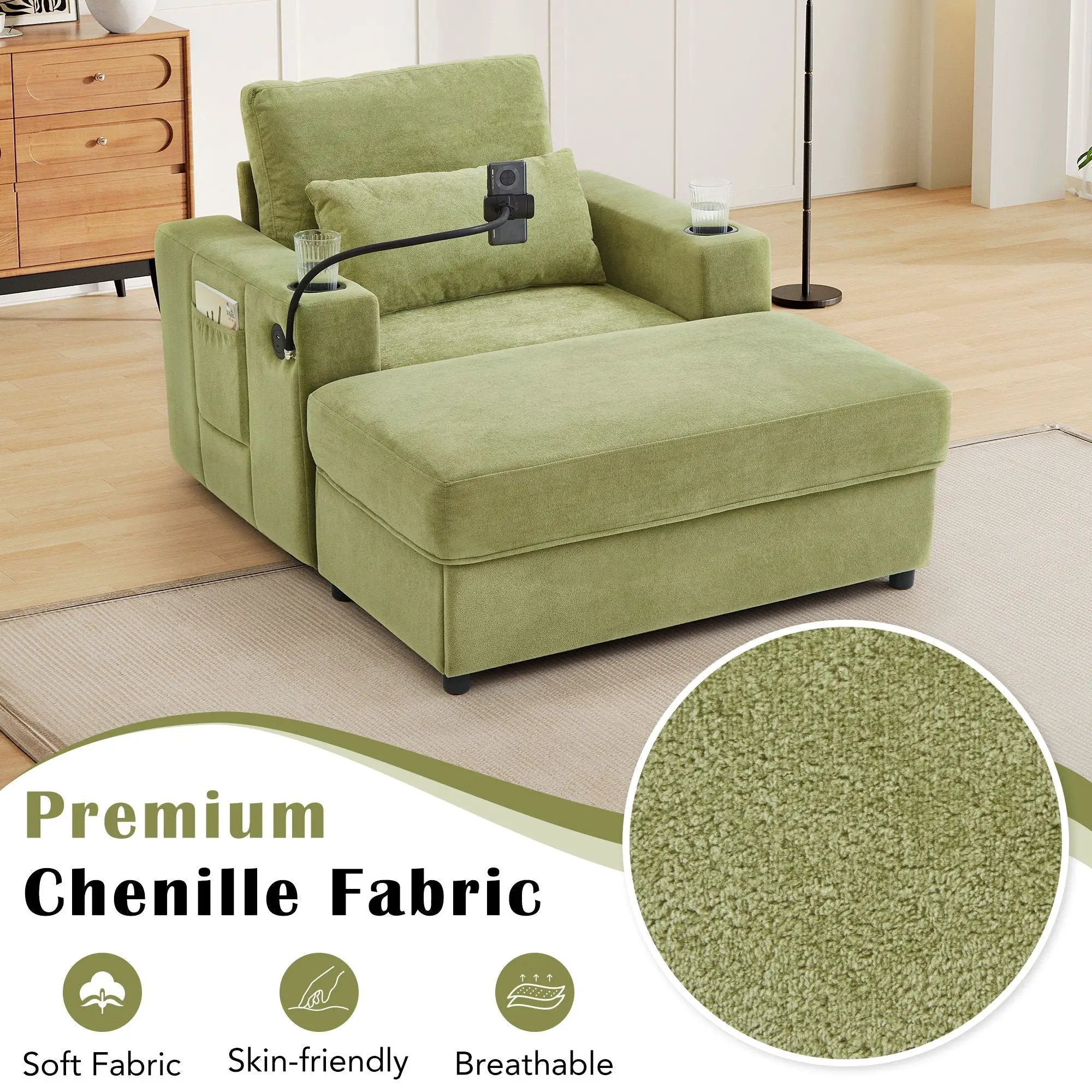 Modern Style Armchair Chaise Lounge Sofa Couch With Movable Storage Ottoman, USB Ports, Cup Holders, Phone Holder, Side Pockets by HouseOfZazla