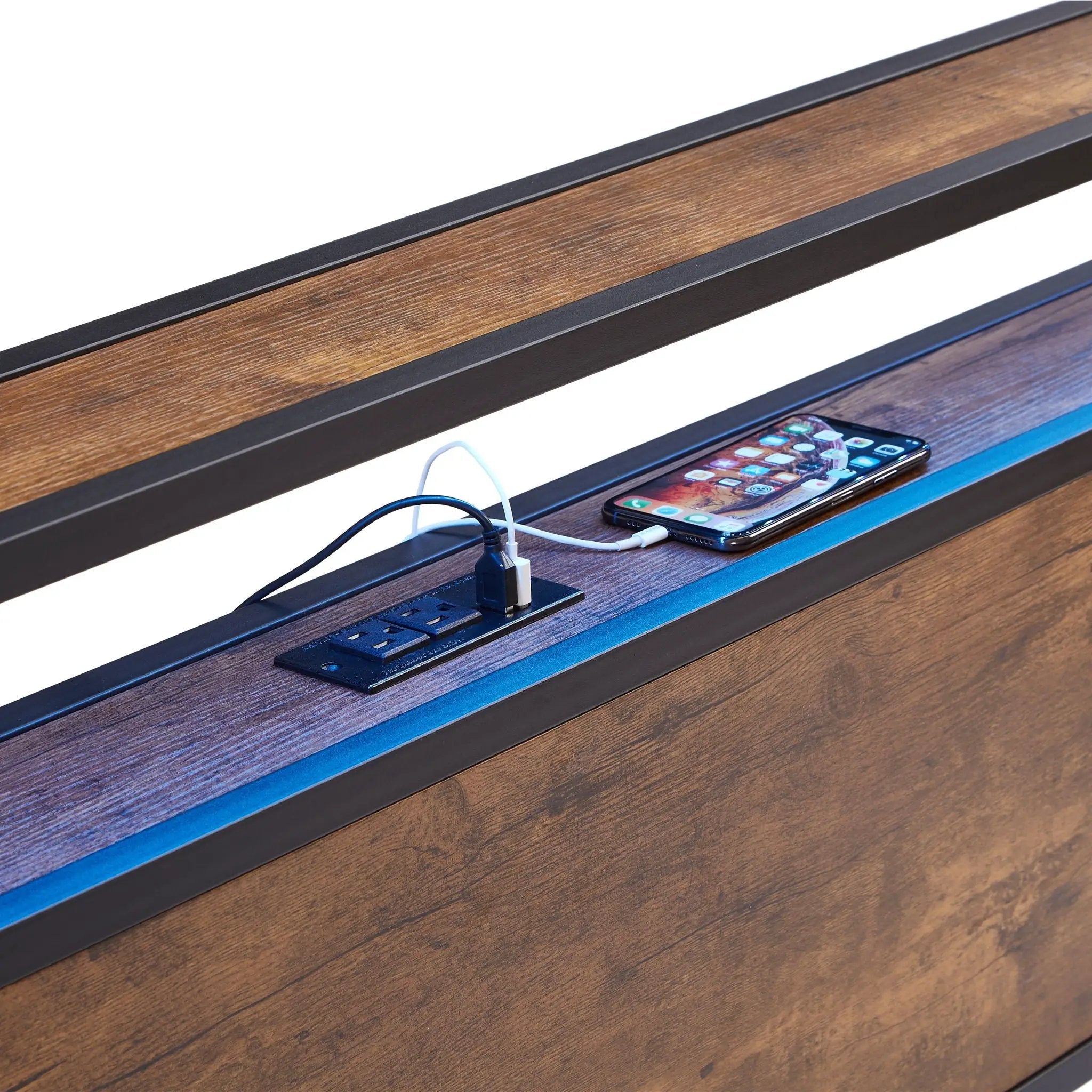 Metal Platform Bed Frame With Wooden Headboard And Footboard With USB Liner, LED Lights, No Box Spring Needed, Large Under Bed Storage by HouseOfZazla