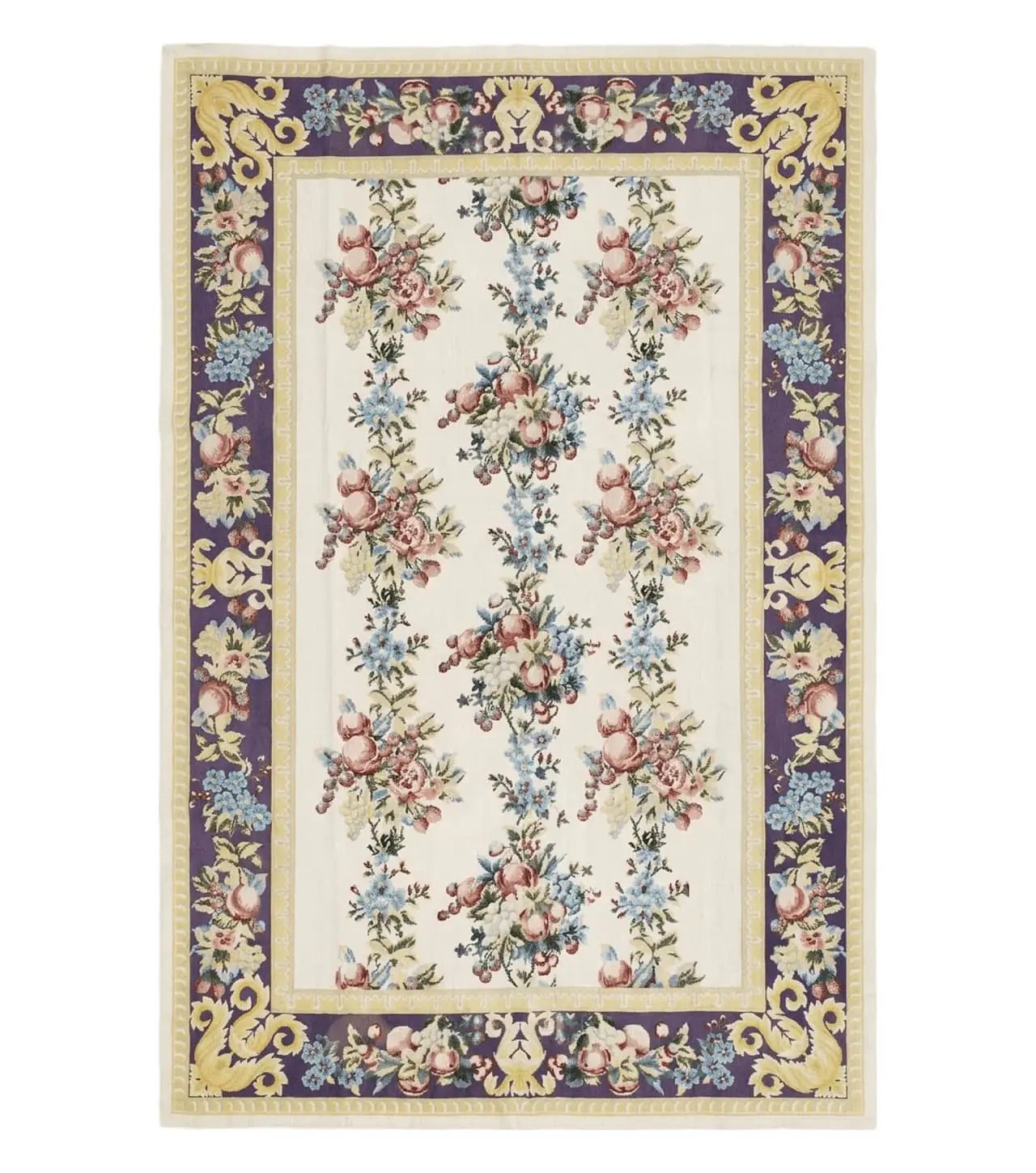 Vintage Chinese Floral Needlepoint Area Rug 6x9, Wool Hand-Woven Handmade Flatweave Rug, Ivory & Purple, Fruits Grapes Apples, Dining Room by Jewel Rugs