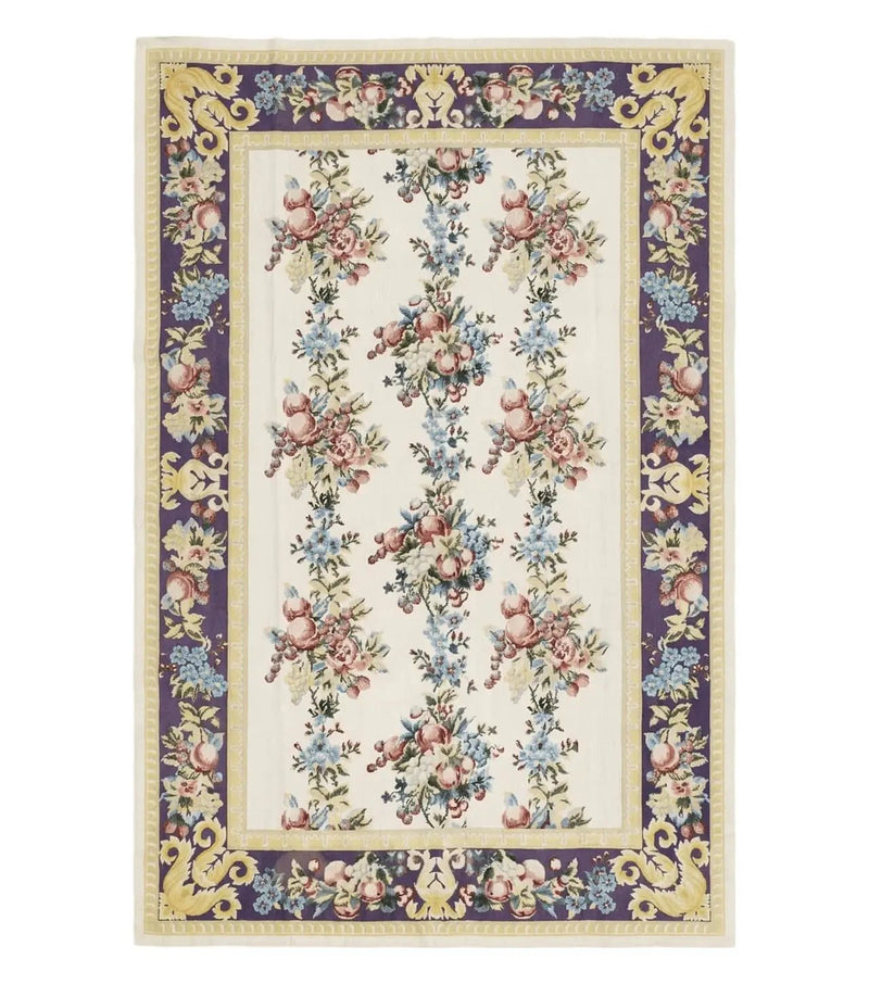 Vintage Chinese Floral Needlepoint Area Rug 6x9, Wool Hand-Woven Handmade Flatweave Rug, Ivory & Purple, Fruits Grapes Apples, Dining Room by Jewel Rugs