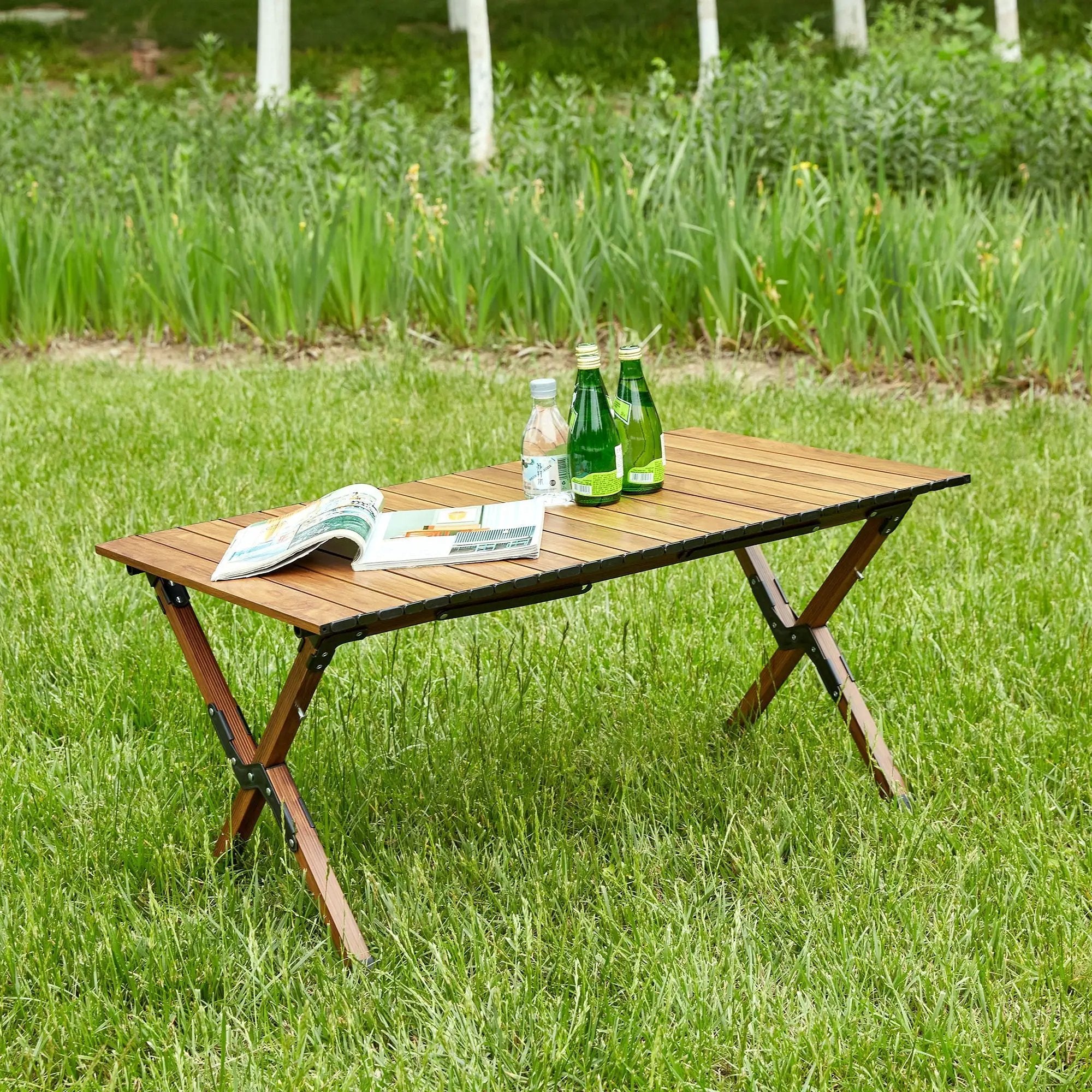 Folding Outdoor Table, Lightweight Aluminum Roll-Up Rectangular Table For Indoor, Outdoor Camping, Picnics, Beach, Backyard, Bbq, Party, Patio - Brown by HouseOfZazla