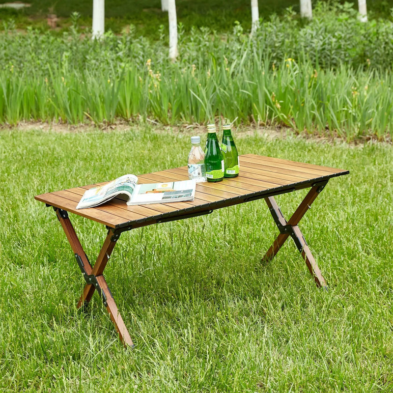 Folding Outdoor Table, Lightweight Aluminum Roll-Up Rectangular Table For Indoor, Outdoor Camping, Picnics, Beach, Backyard, Bbq, Party, Patio - Brown by HouseOfZazla