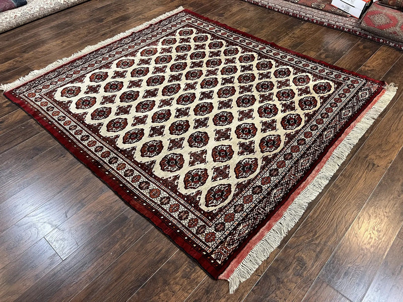 Persian Turkoman Rug 7x8, Almost Square Rare, Hand Knotted, Yamud, Bohemian Rug, Handmade Tribal Rug, Cream Red, Handmade Oriental Carpet by Jewel Rugs