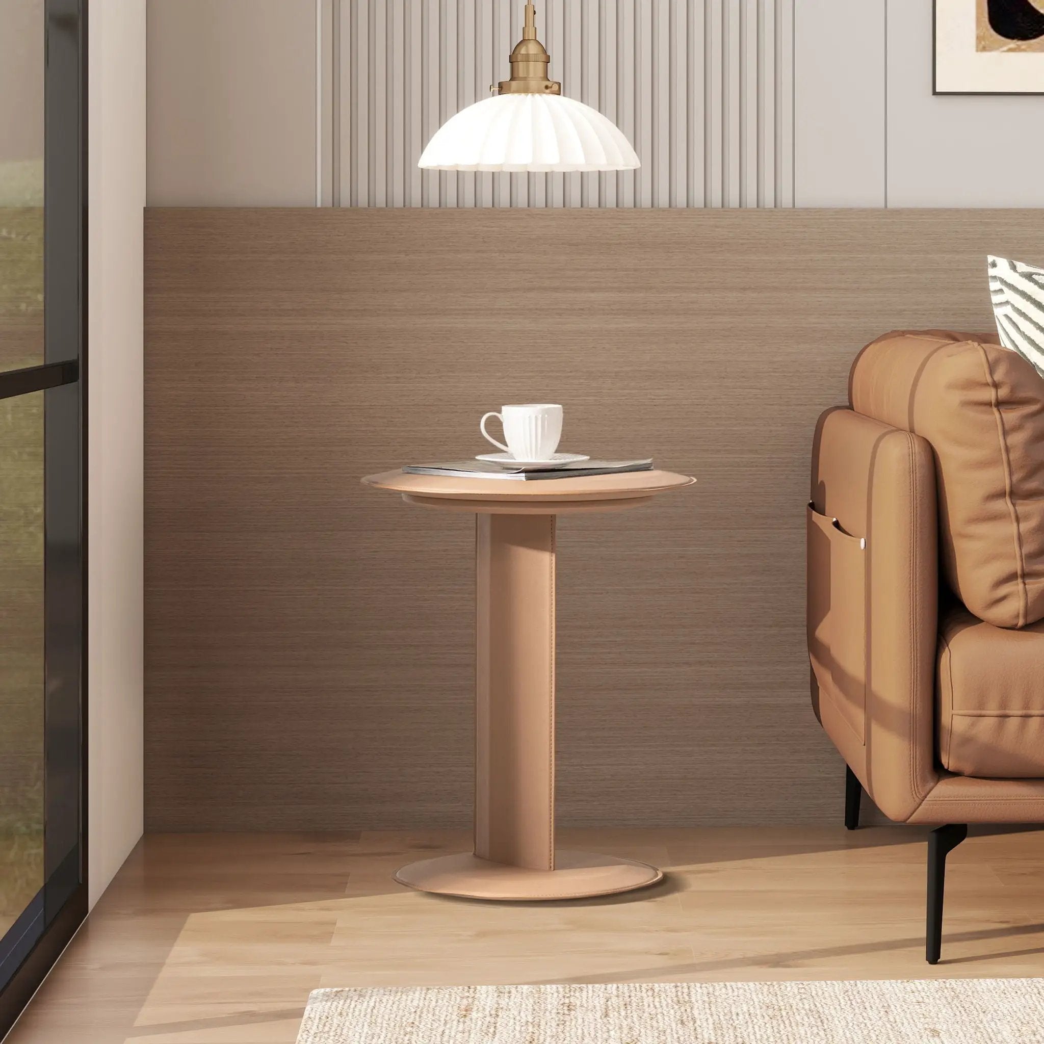 Mode - Leatherette Round C-Shaped Sofa Side Table - Saddle Brown by HouseOfZazla