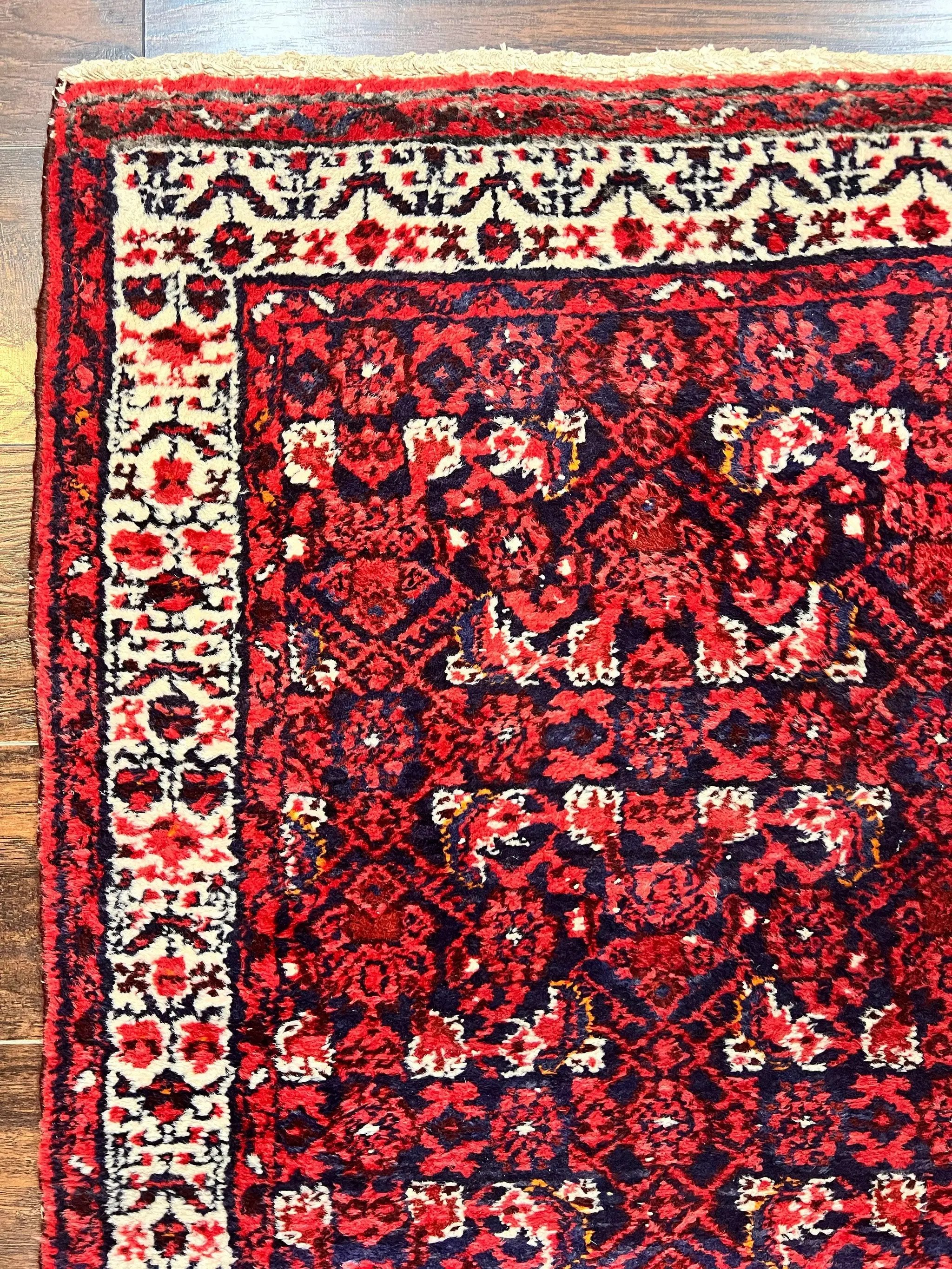 Persian Tribal Runner 3 x 9, Hamadan Dargazin Rug, Dark Blue and Red Wool Hand Knotted Hallway Rug, Vintage Antique Oriental Runner, 9ft Long Runner, Herati by Jewel Rugs