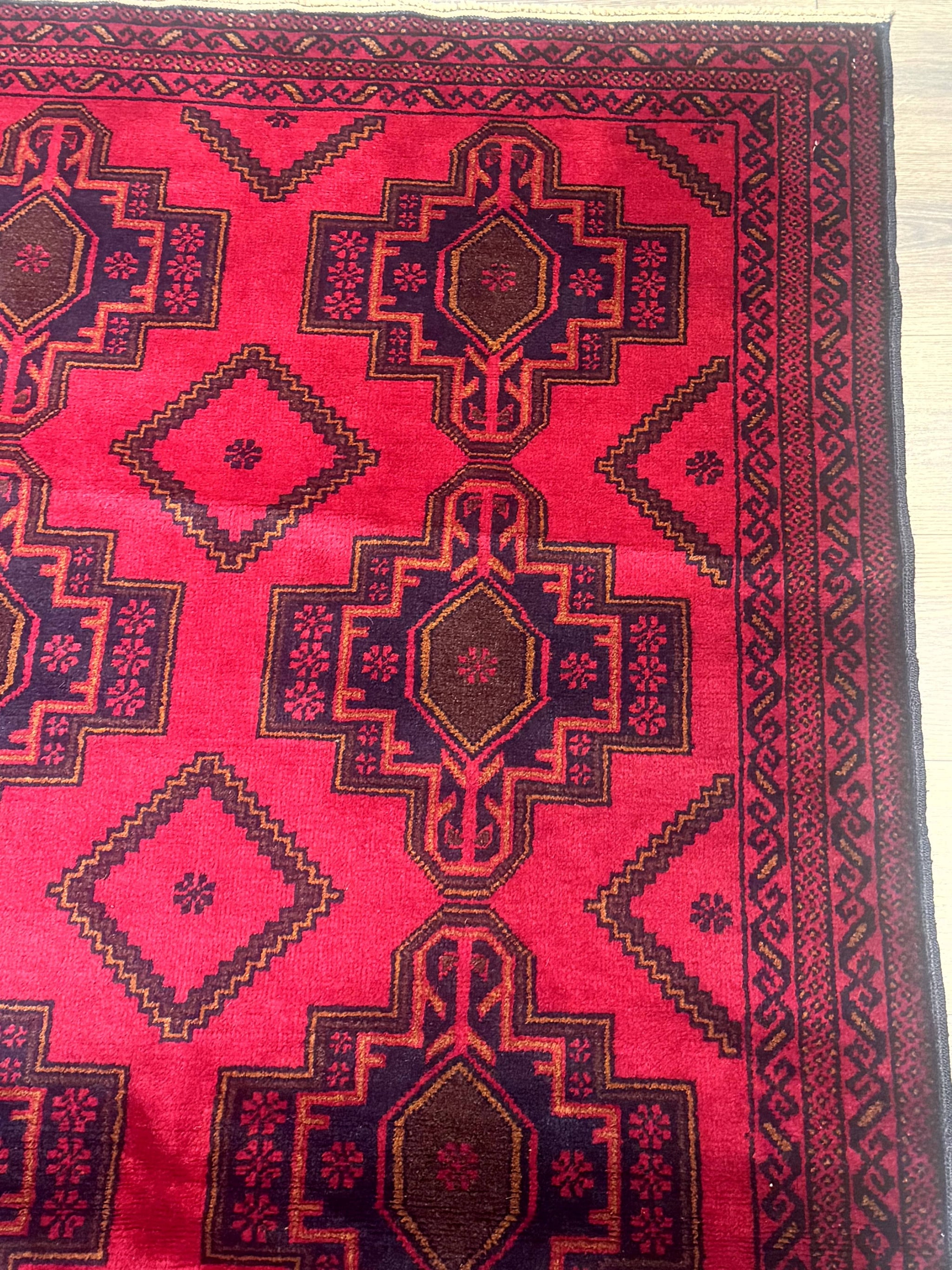 Afghan Rug 4x7, Tribal Carpet, Balouch Rug, Red and Navy Blue, Repeated Medallions, New by Jewel Rugs