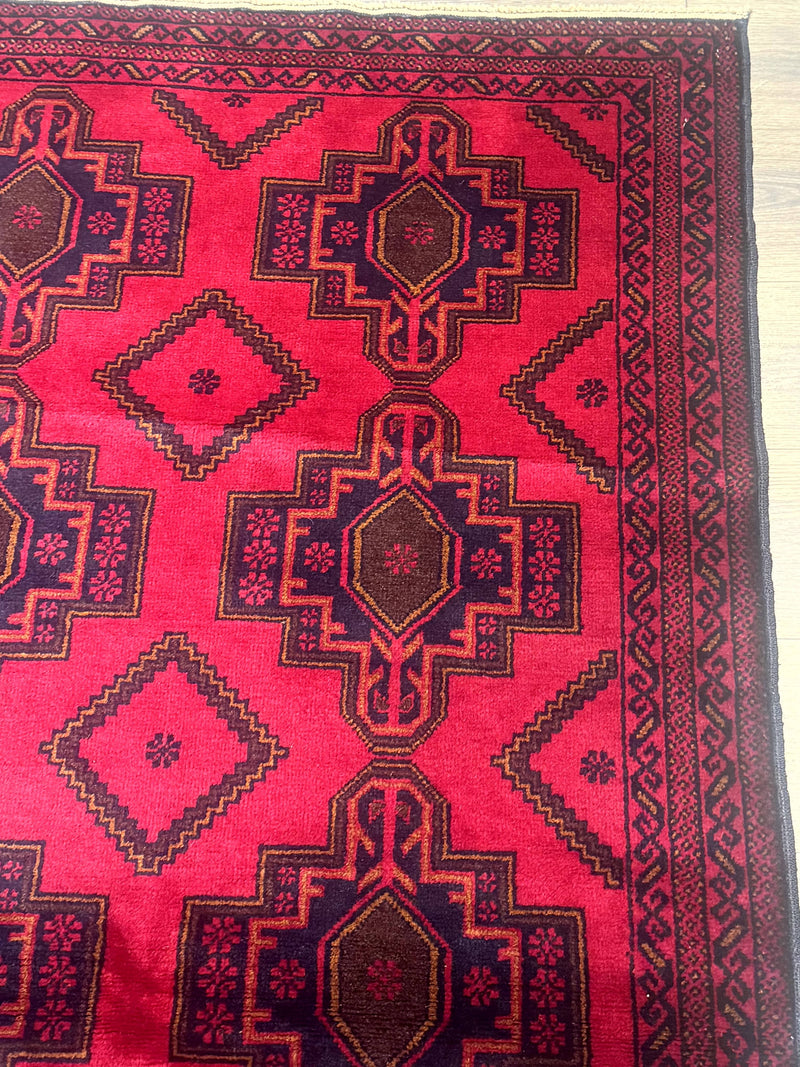 Afghan Rug 4x7, Tribal Carpet, Balouch Rug, Red and Navy Blue, Repeated Medallions, New by Jewel Rugs