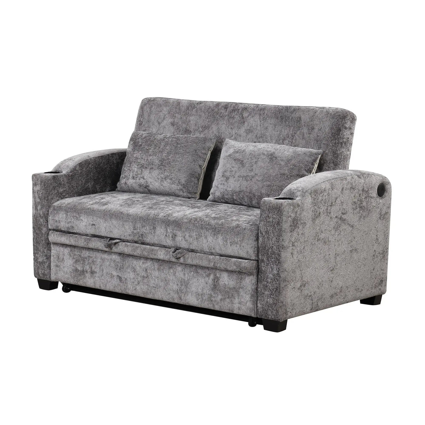 Pull Out Loveseat Sofa With Adjsutable Backrest, 2 Pillows, Cup Holders, USB Ports For Living Room by Unique Piece Furniture