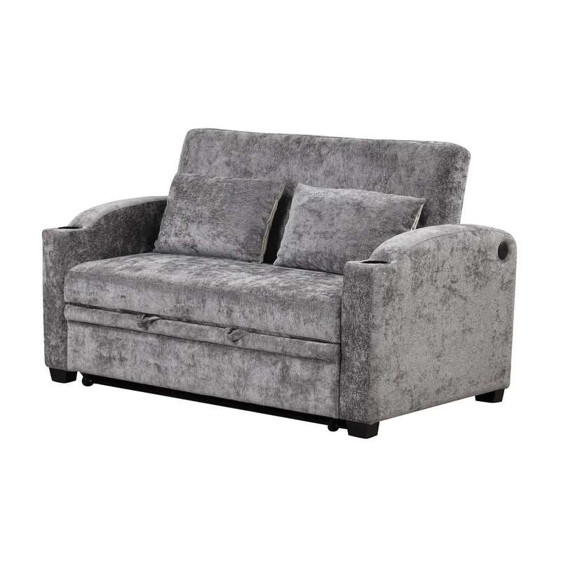 Pull Out Loveseat Sofa With Adjsutable Backrest, 2 Pillows, Cup Holders, USB Ports For Living Room by Unique Piece Furniture