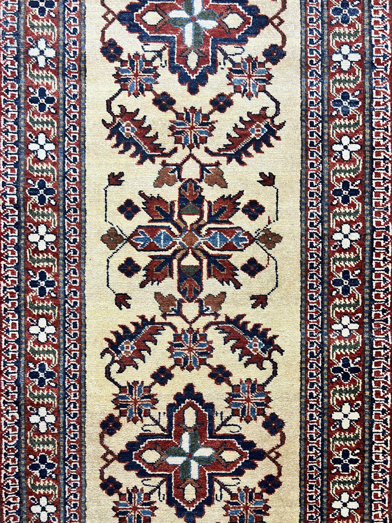 Afghan Heriz Runner Rug 2.9 x 12, Vintage Hand Knotted Persian Carpet for Hallway, 12ft Runner, Wool, Cream by Jewel Rugs